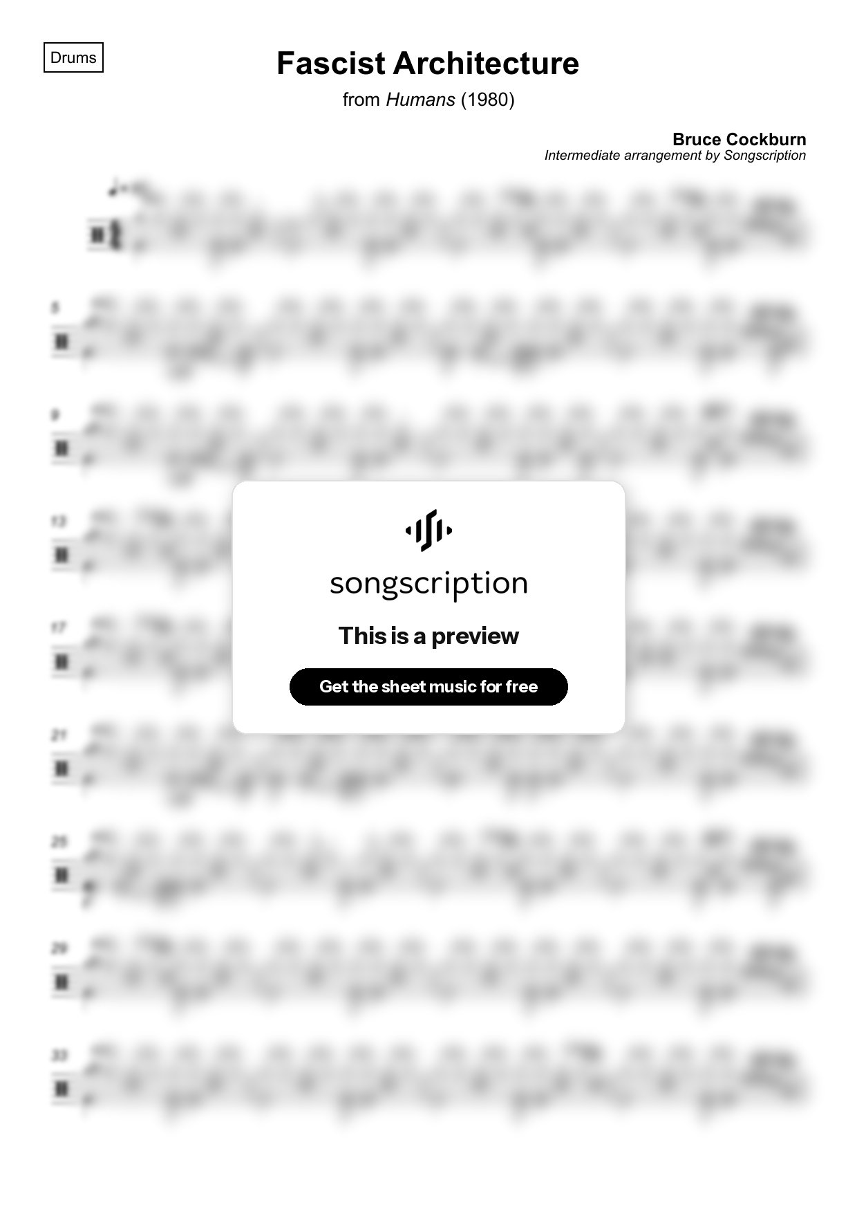 Intermediate Drums Sheet Music for "Fascist Architecture" by Bruce Cockburn