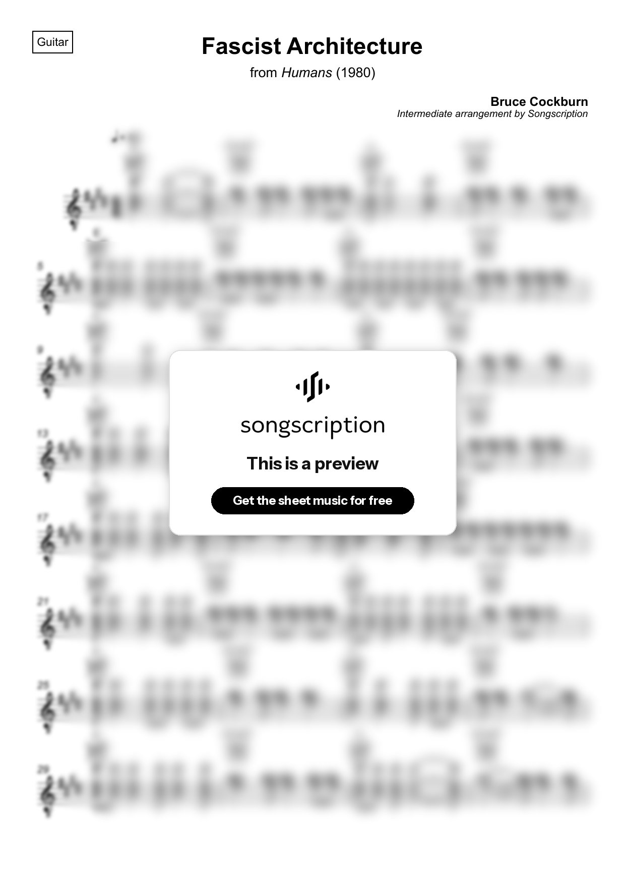 Intermediate Acoustic Guitar Sheet Music for "Fascist Architecture" by Bruce Cockburn