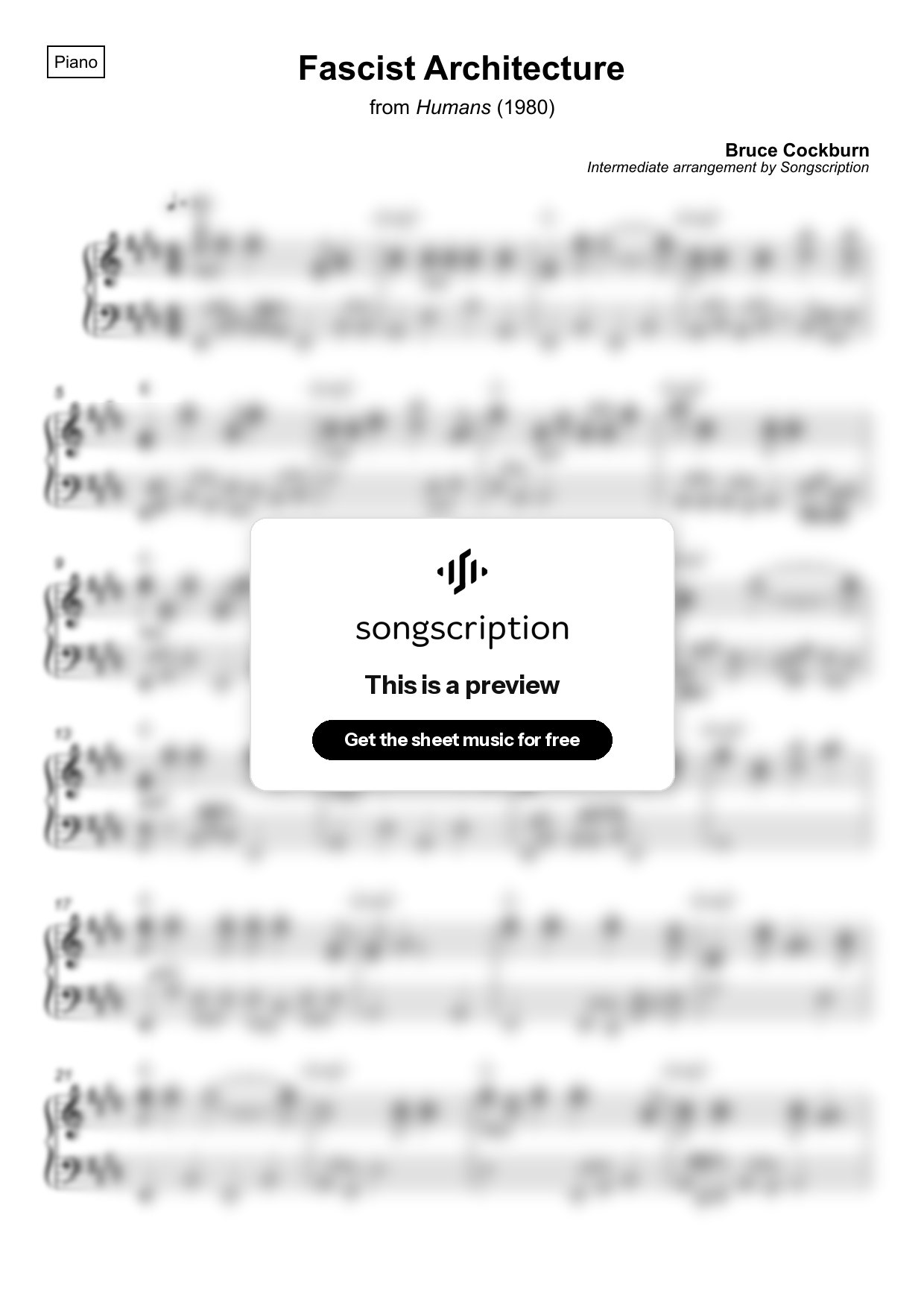Intermediate Piano Sheet Music for "Fascist Architecture" by Bruce Cockburn