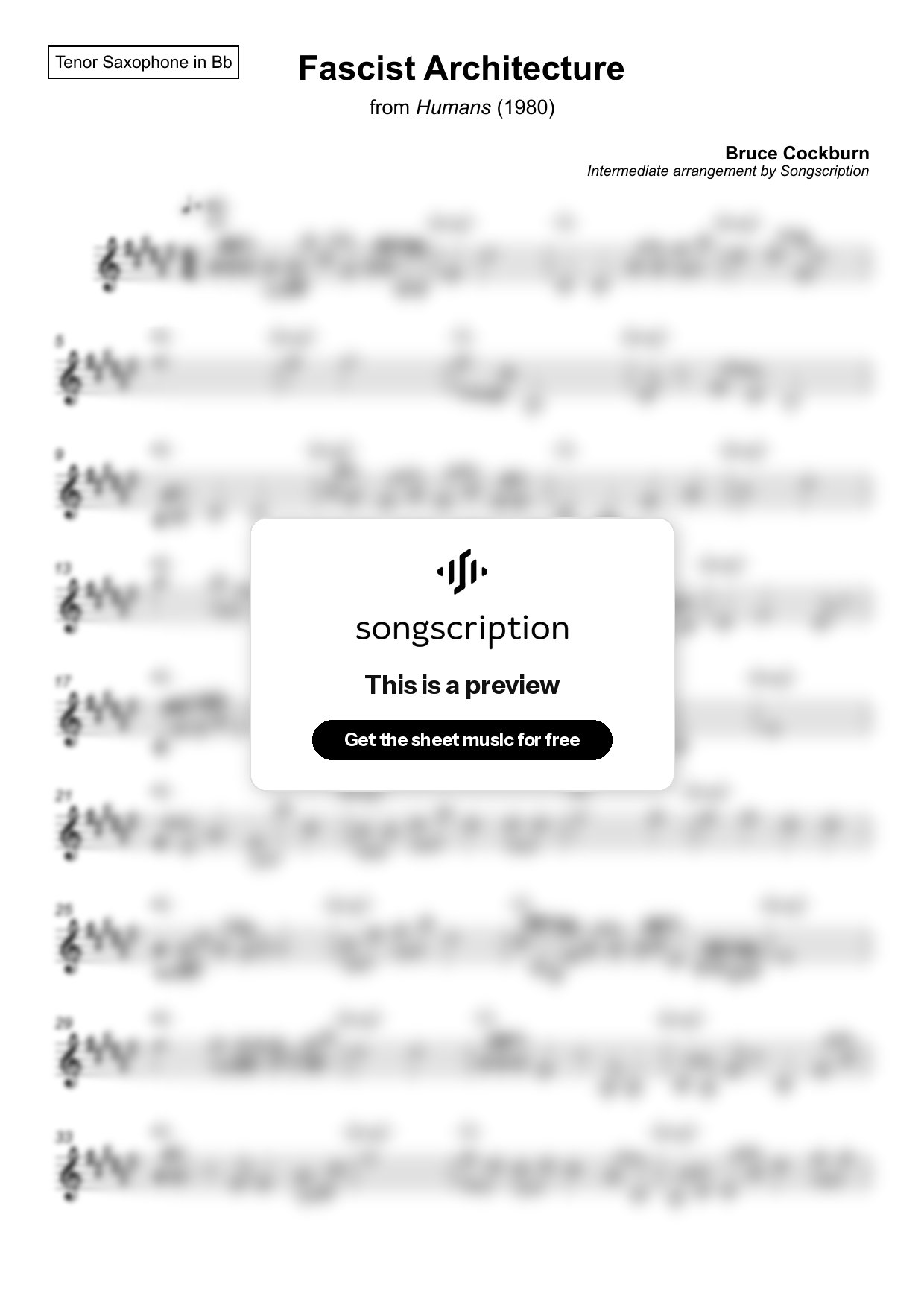 Intermediate Tenor Sax Sheet Music for "Fascist Architecture" by Bruce Cockburn