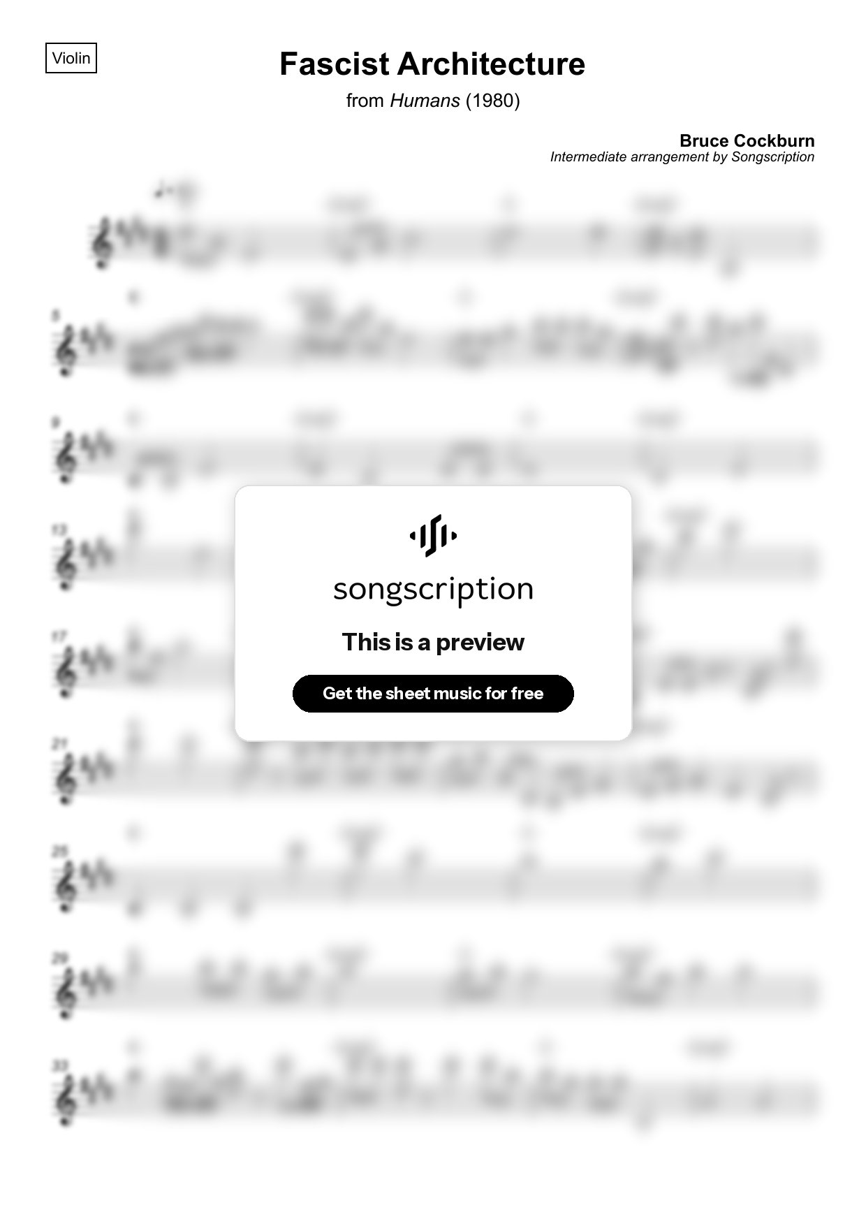 Intermediate Violin Sheet Music for "Fascist Architecture" by Bruce Cockburn
