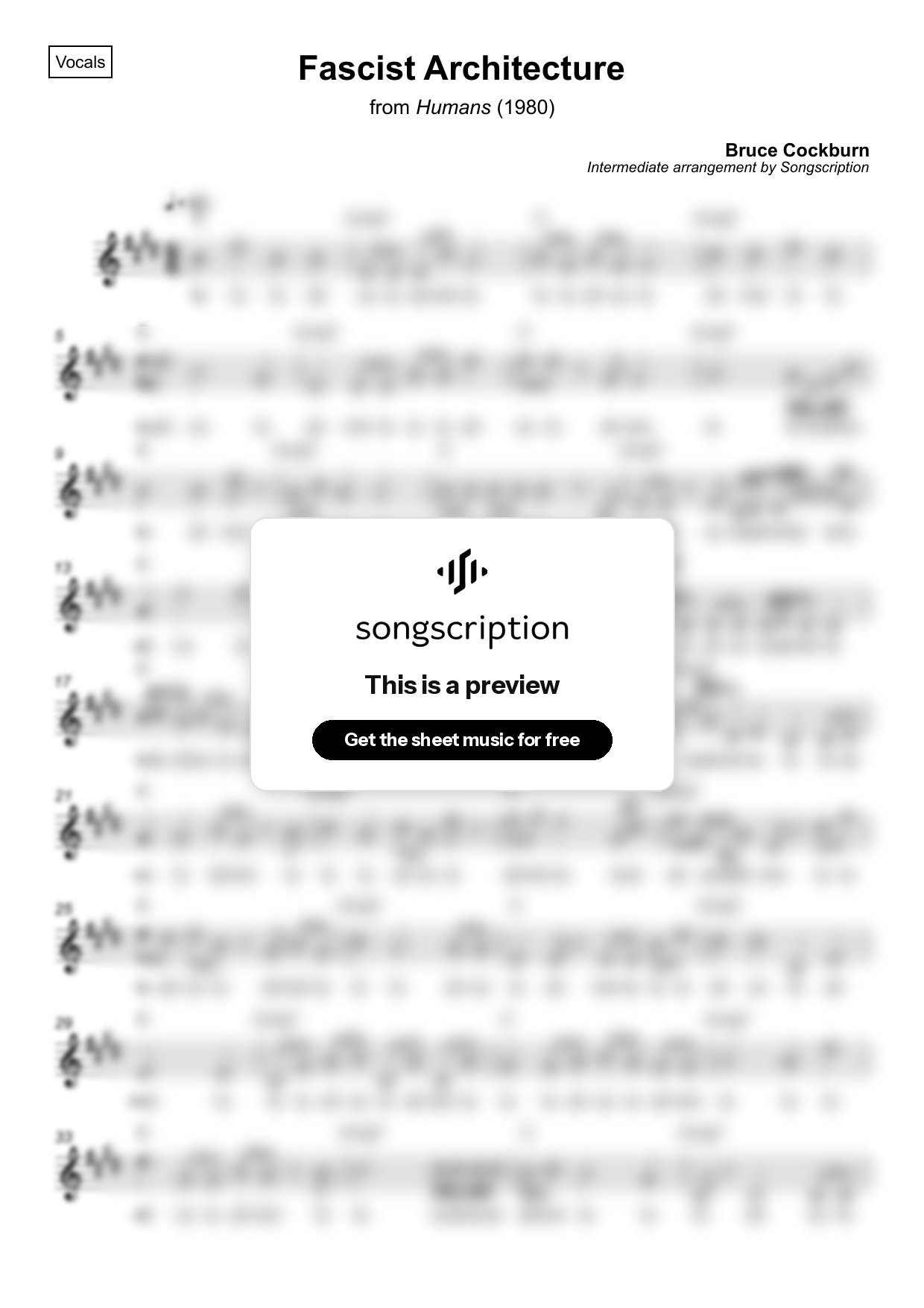 Intermediate Vocals Sheet Music for "Fascist Architecture" by Bruce Cockburn
