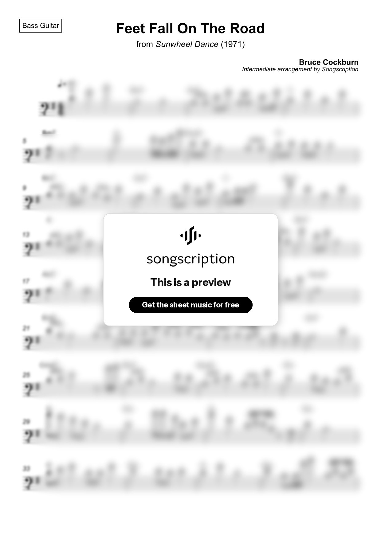 Intermediate Bass Guitar Sheet Music for "Feet Fall On The Road" by Bruce Cockburn