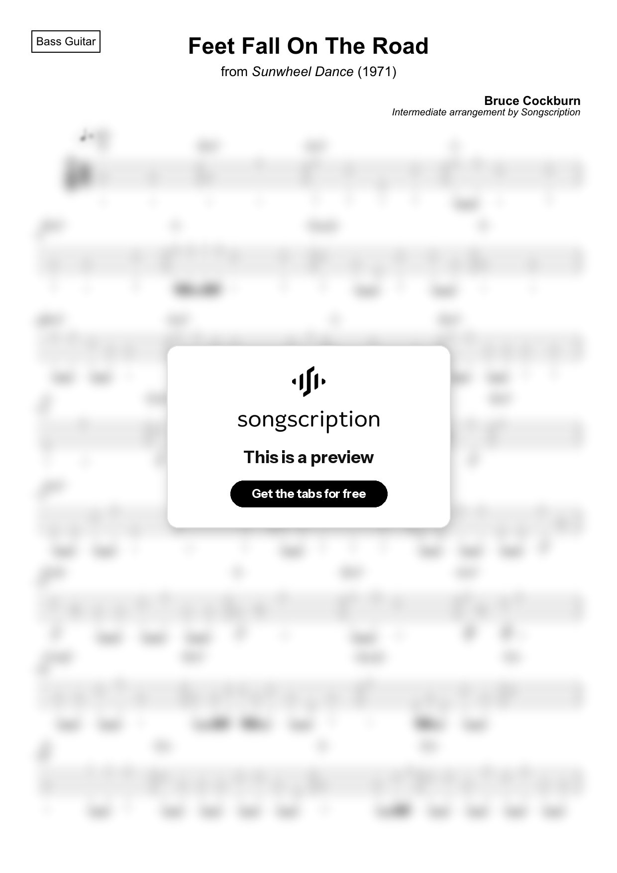 Intermediate Bass Guitar Tabs for "Feet Fall On The Road" by Bruce Cockburn