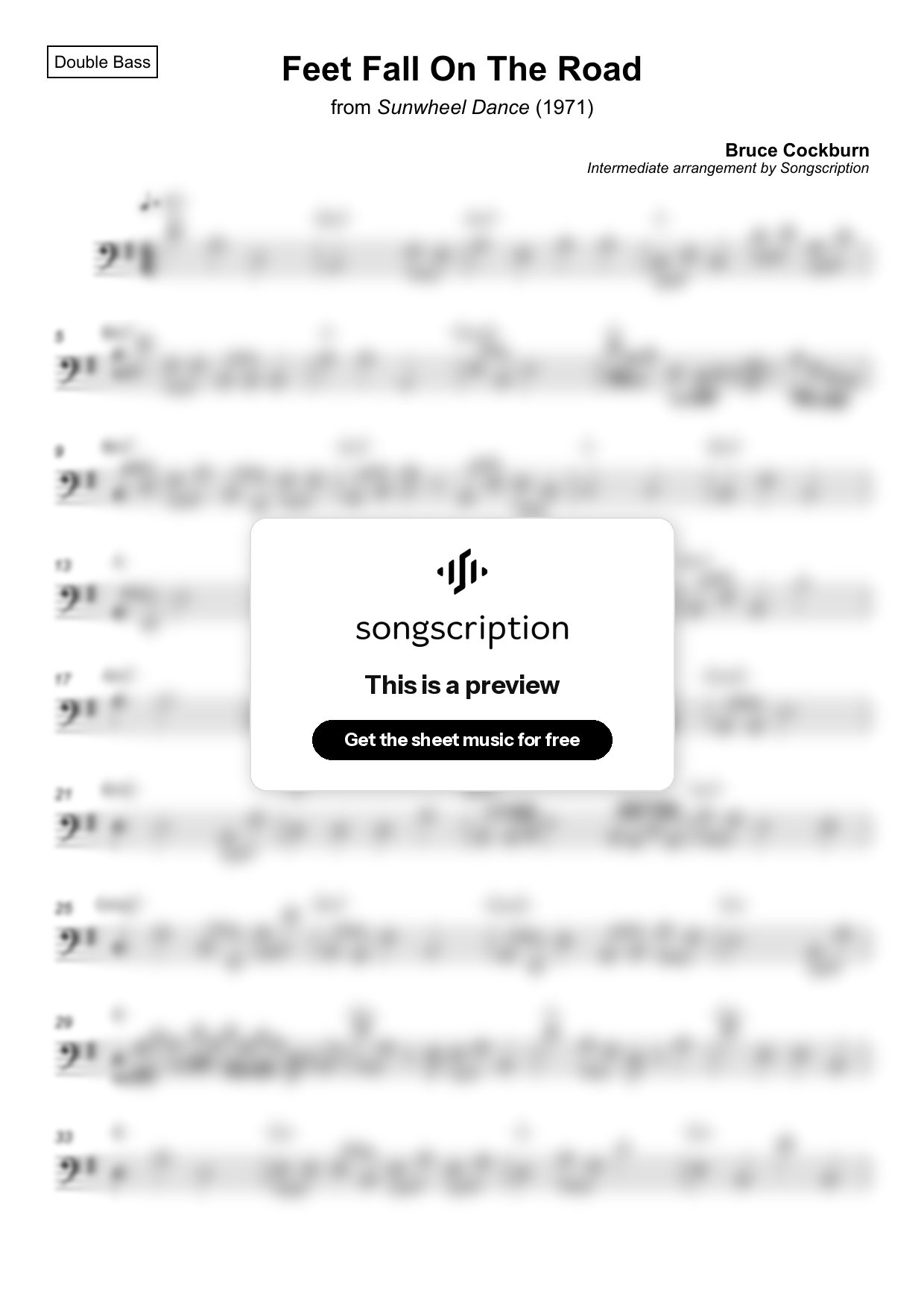 Intermediate Double Bass Sheet Music for "Feet Fall On The Road" by Bruce Cockburn