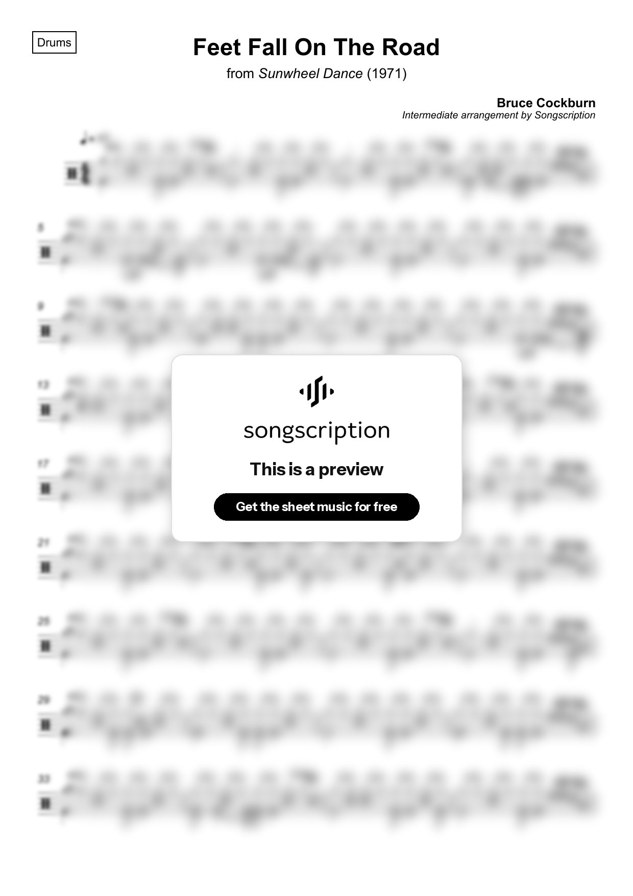 Intermediate Drums Sheet Music for "Feet Fall On The Road" by Bruce Cockburn