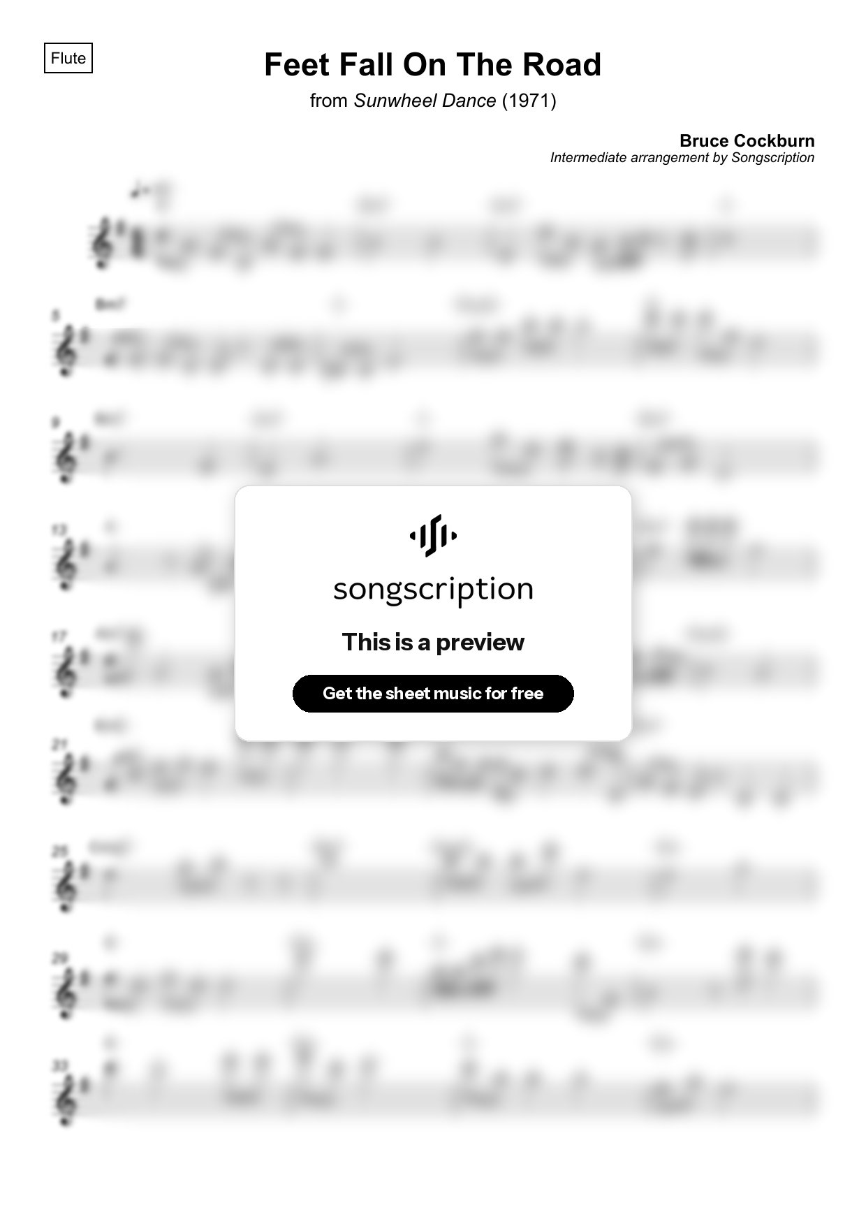 Intermediate Flute Sheet Music for "Feet Fall On The Road" by Bruce Cockburn