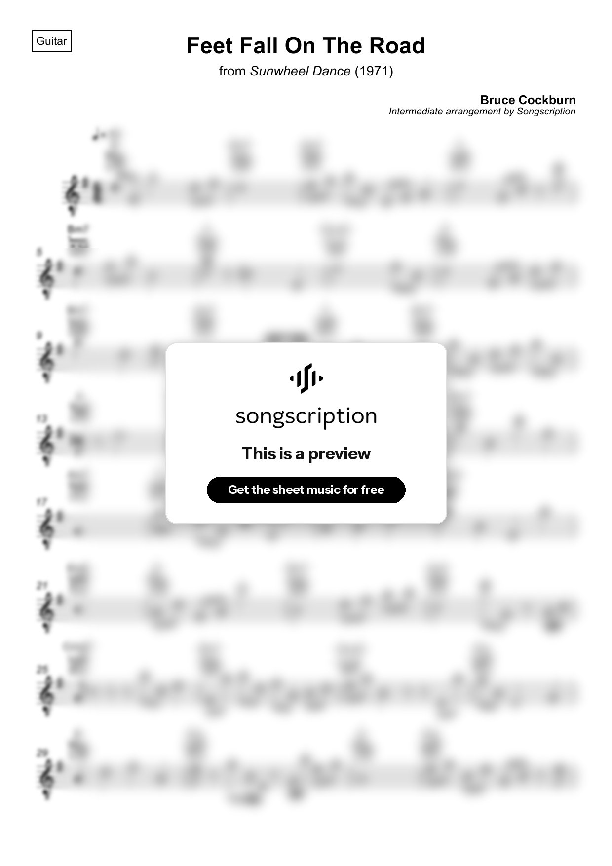 Intermediate Acoustic Guitar Sheet Music for "Feet Fall On The Road" by Bruce Cockburn