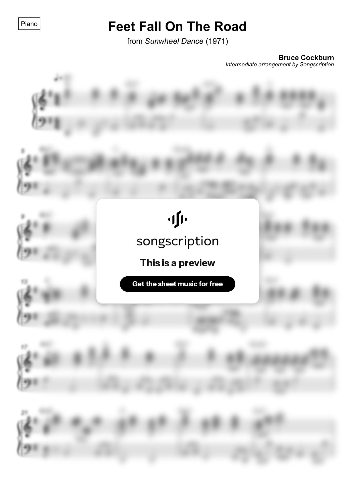 Intermediate Piano Sheet Music for "Feet Fall On The Road" by Bruce Cockburn