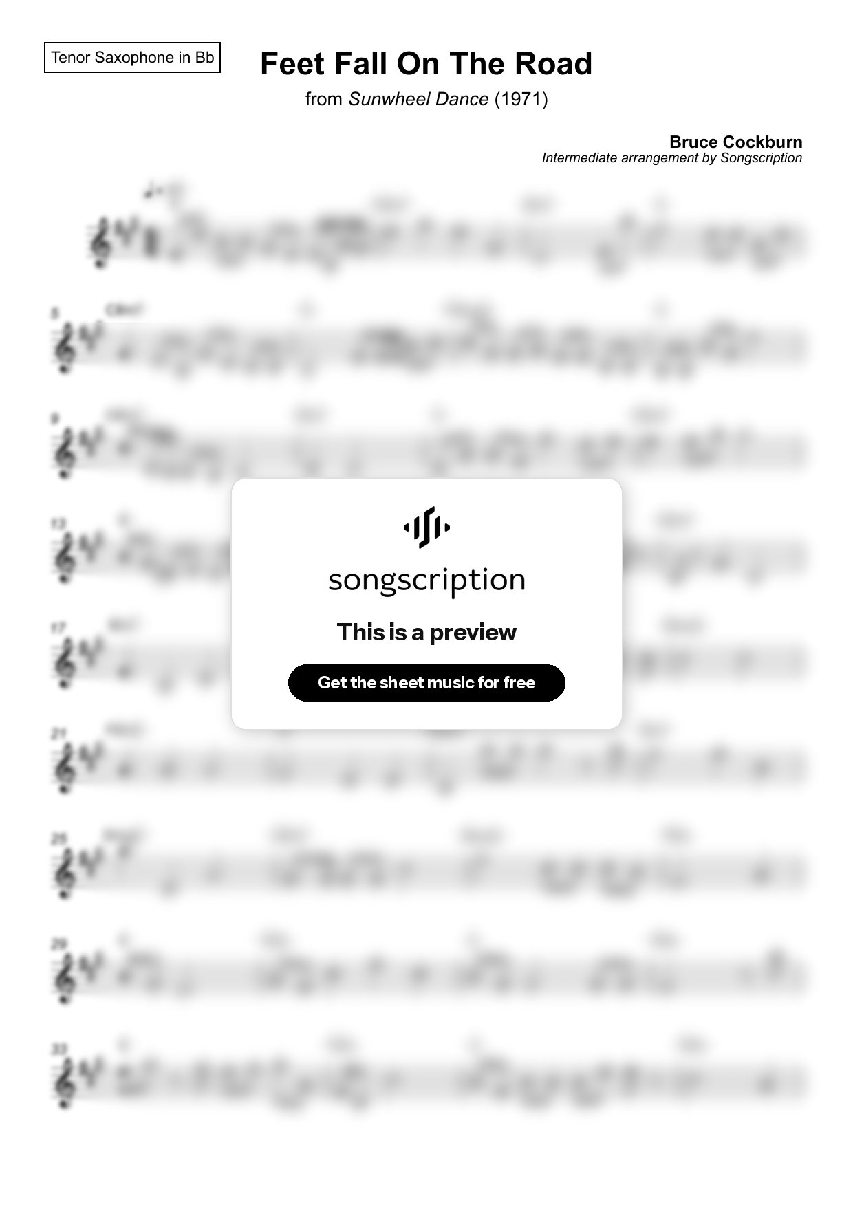 Intermediate Tenor Sax Sheet Music for "Feet Fall On The Road" by Bruce Cockburn