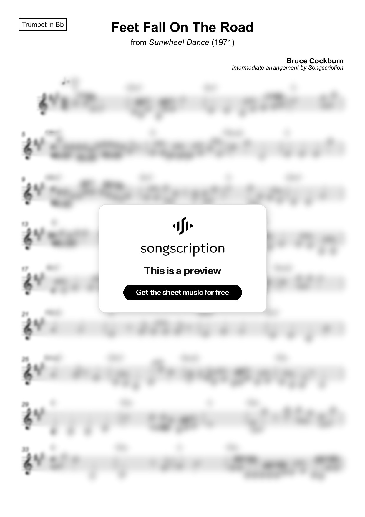 Intermediate Trumpet Sheet Music for "Feet Fall On The Road" by Bruce Cockburn