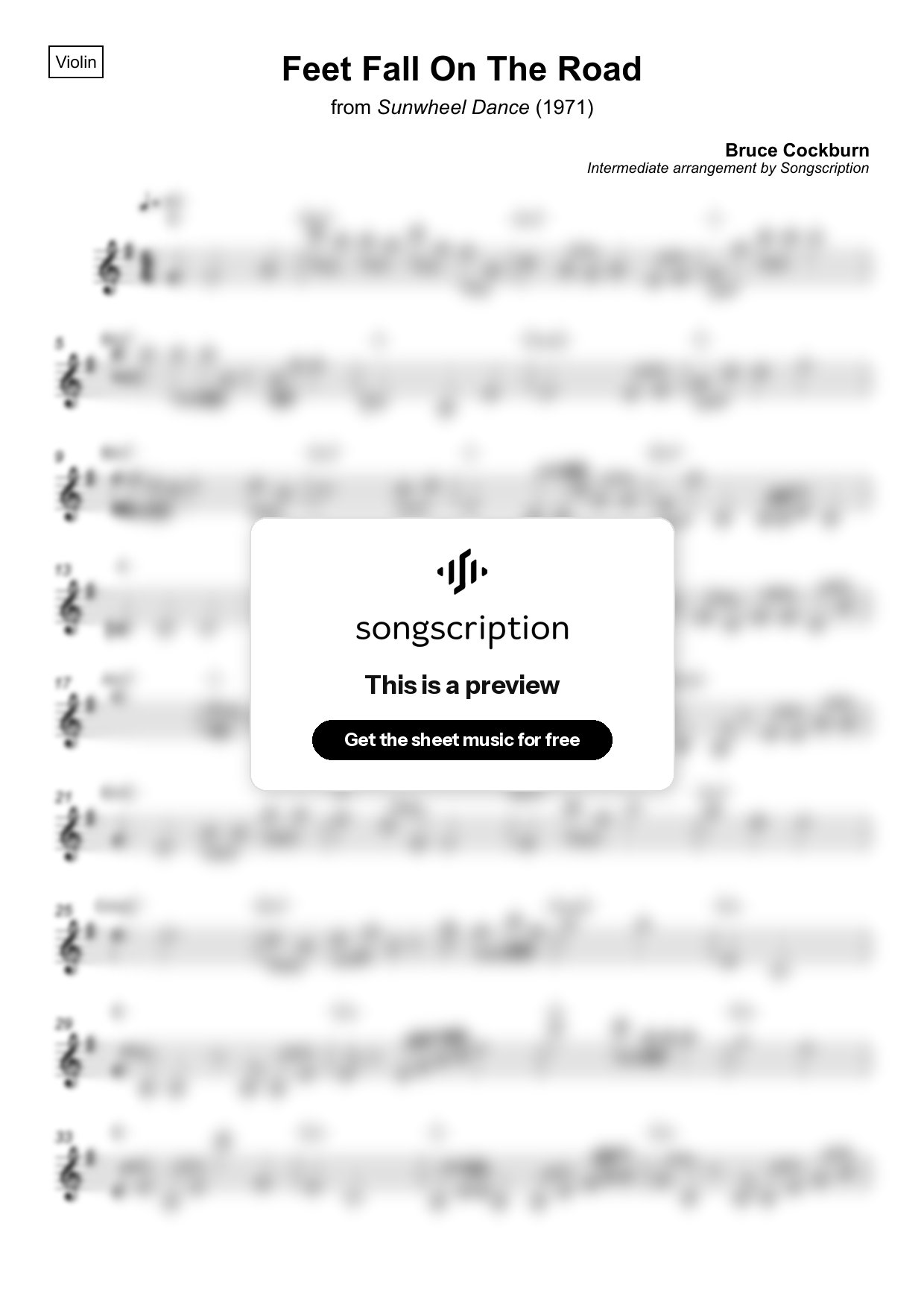 Intermediate Violin Sheet Music for "Feet Fall On The Road" by Bruce Cockburn