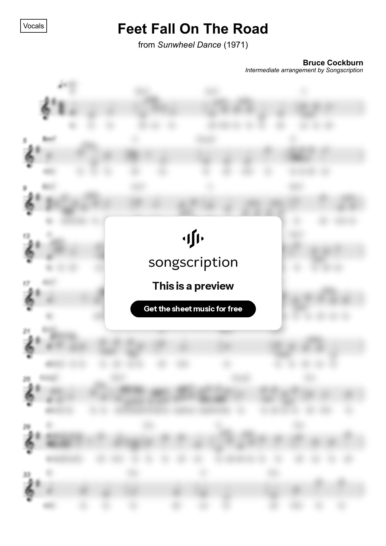 Intermediate Vocals Sheet Music for "Feet Fall On The Road" by Bruce Cockburn