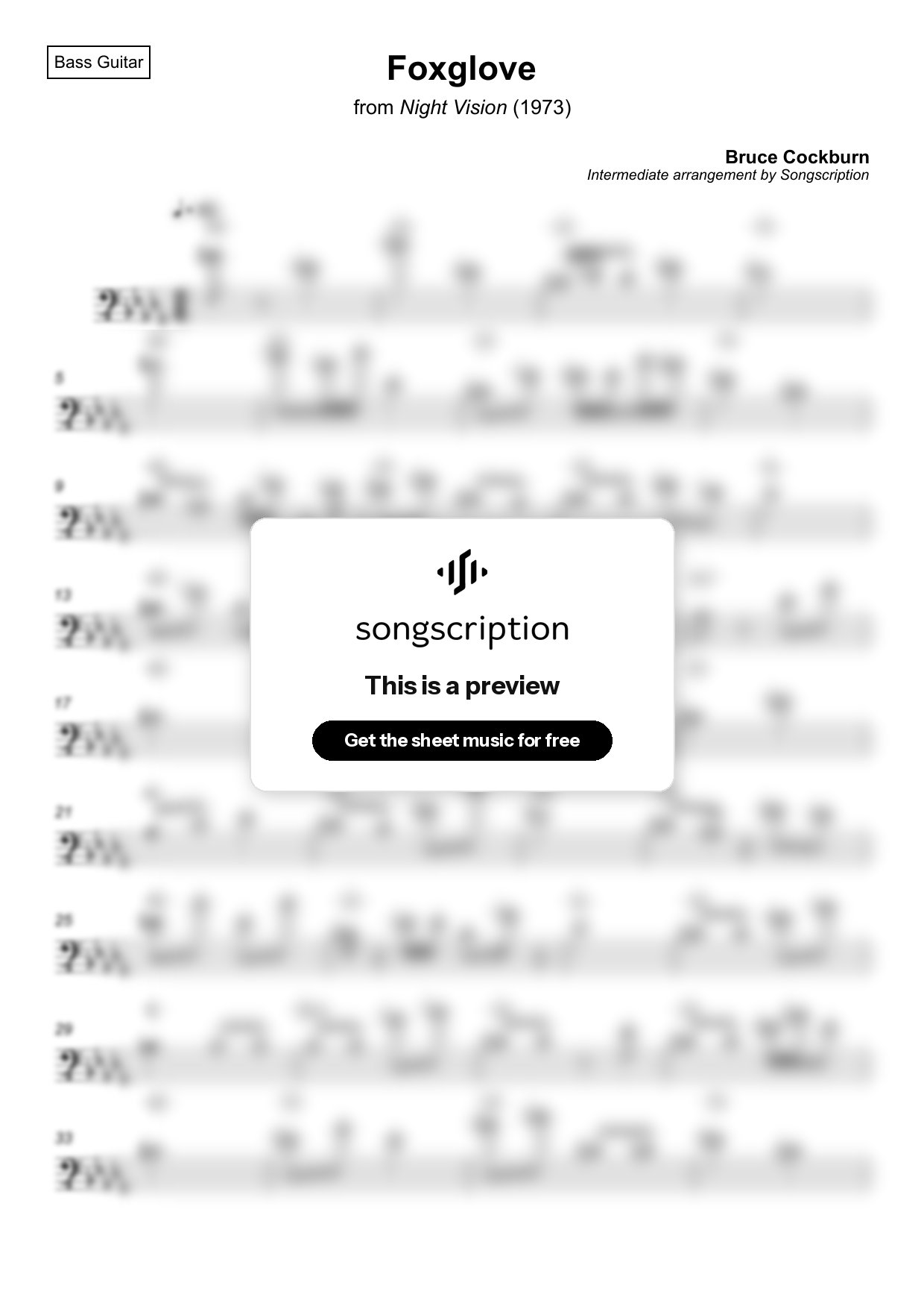 Intermediate Bass Guitar Sheet Music for "Foxglove" by Bruce Cockburn