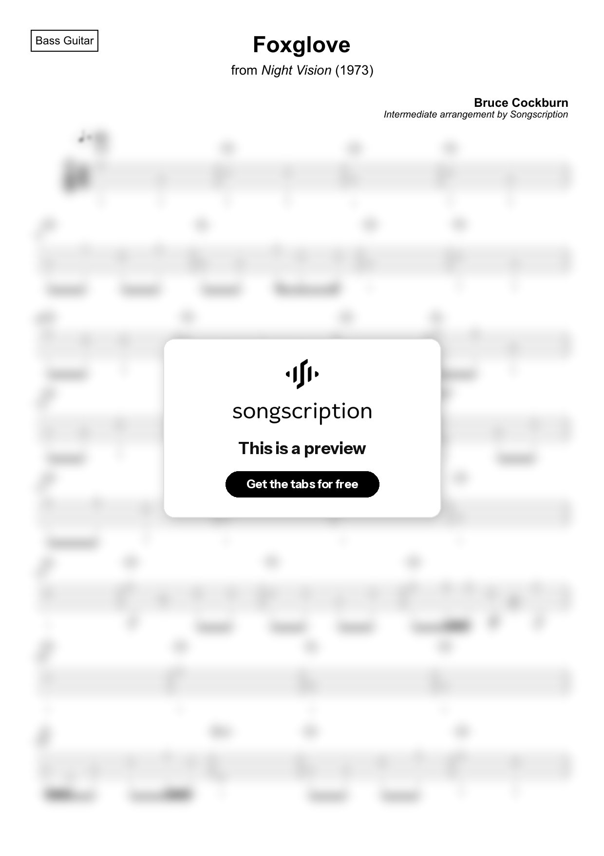 Intermediate Bass Guitar Tabs for "Foxglove" by Bruce Cockburn