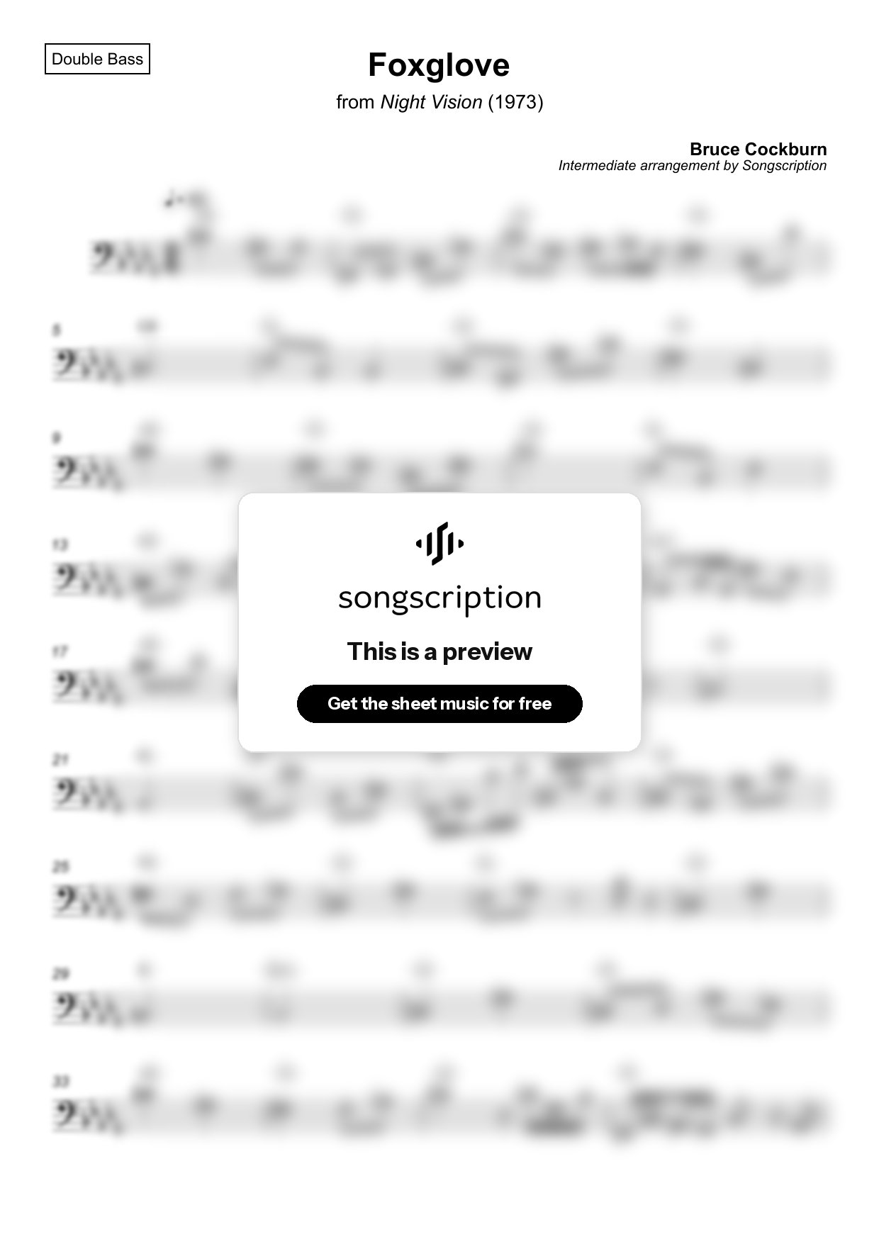 Intermediate Double Bass Sheet Music for "Foxglove" by Bruce Cockburn