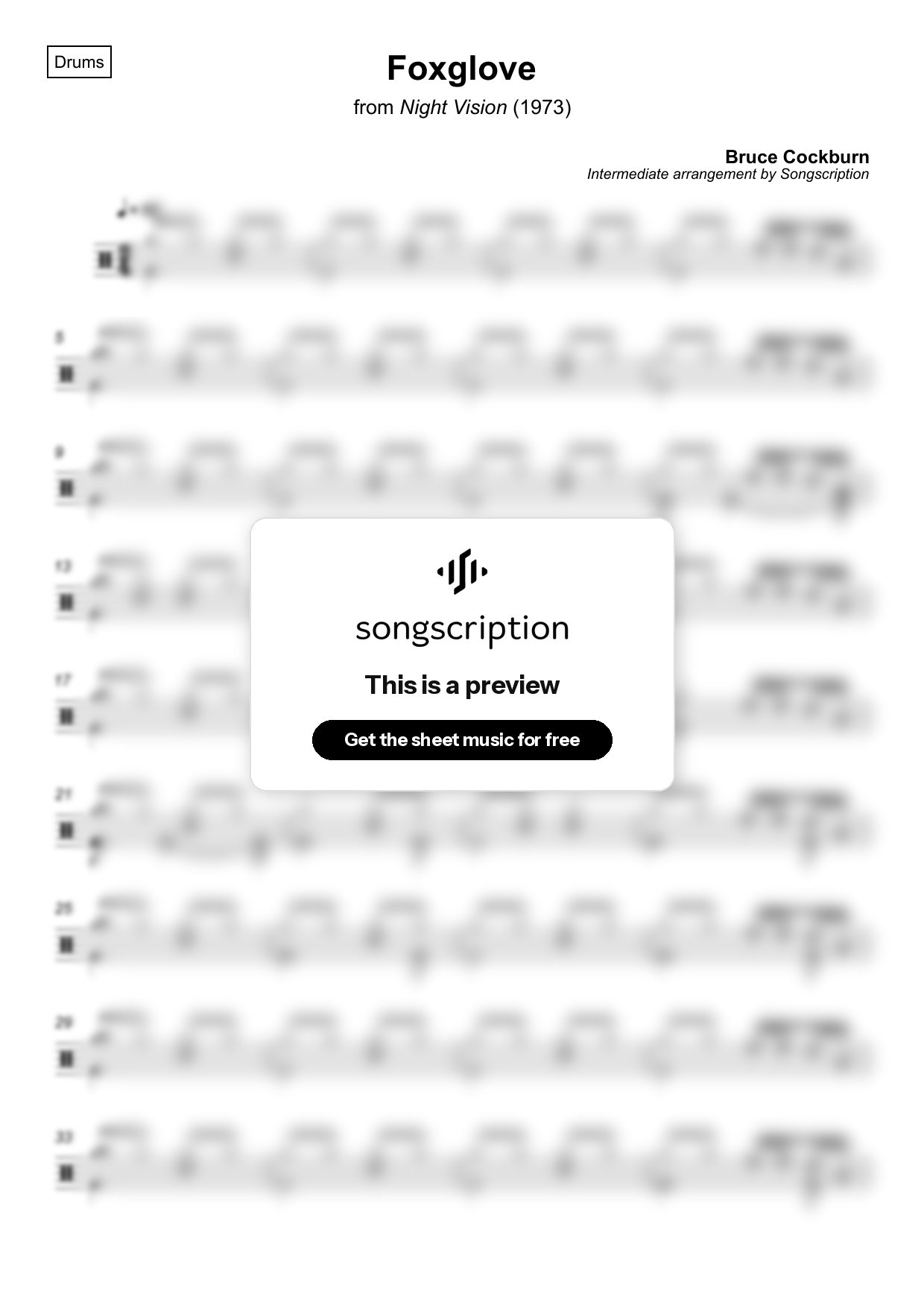 Intermediate Drums Sheet Music for "Foxglove" by Bruce Cockburn