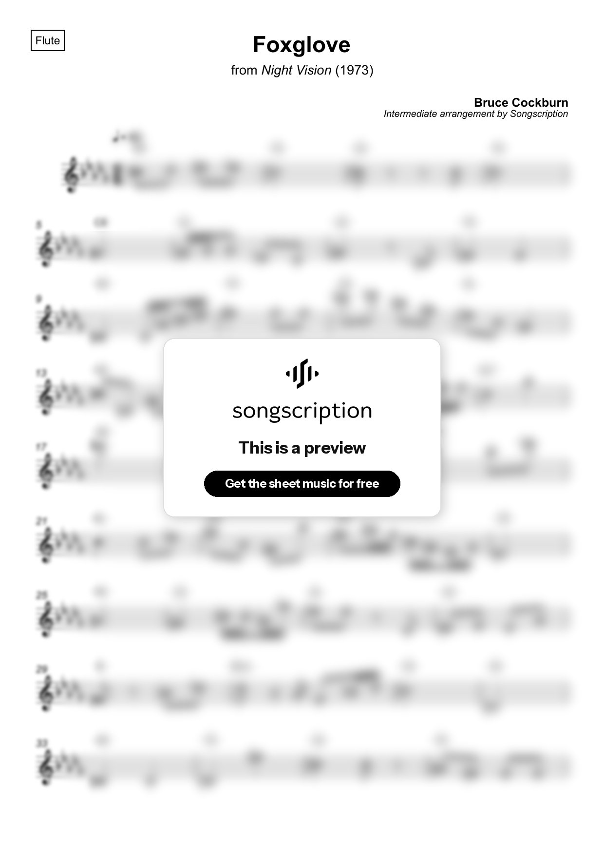 Intermediate Flute Sheet Music for "Foxglove" by Bruce Cockburn