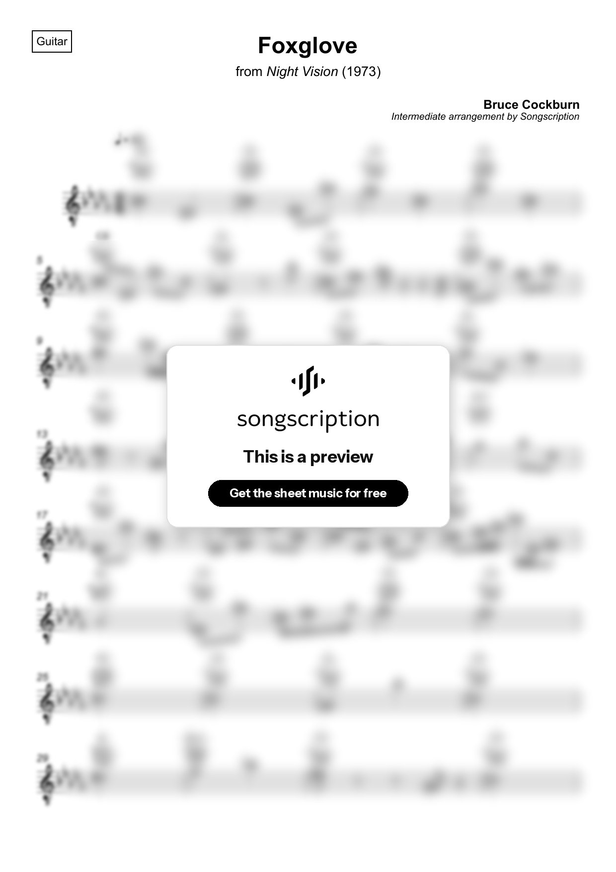 Intermediate Acoustic Guitar Sheet Music for "Foxglove" by Bruce Cockburn