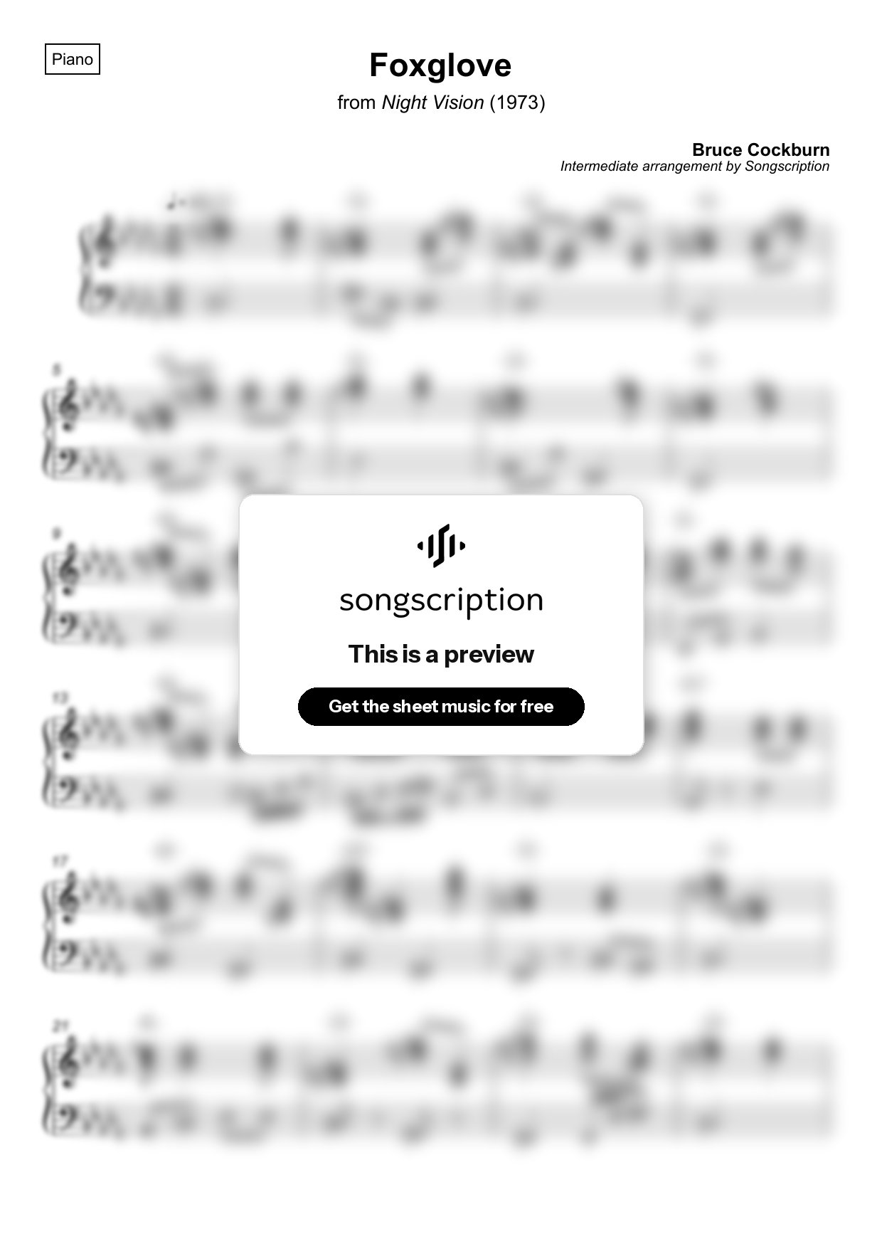 Intermediate Piano Sheet Music for "Foxglove" by Bruce Cockburn