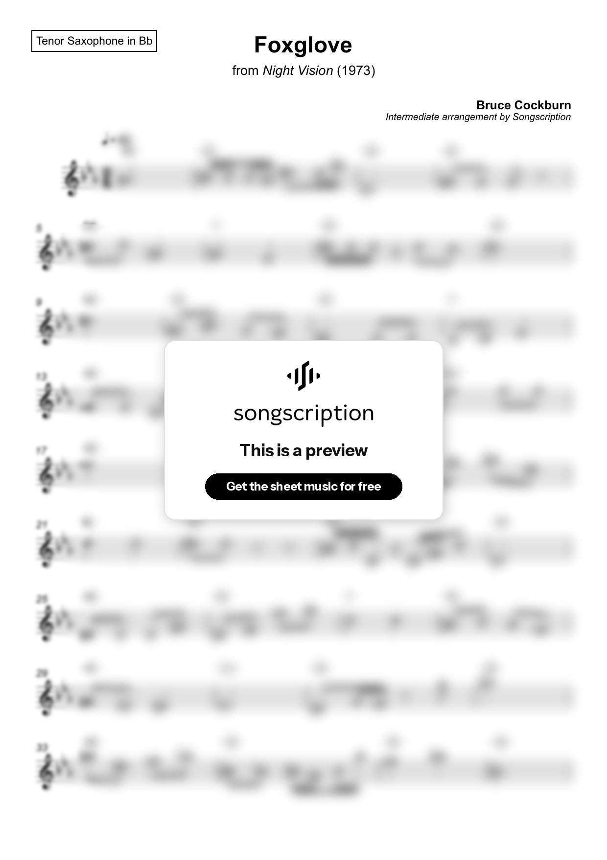 Intermediate Tenor Sax Sheet Music for "Foxglove" by Bruce Cockburn