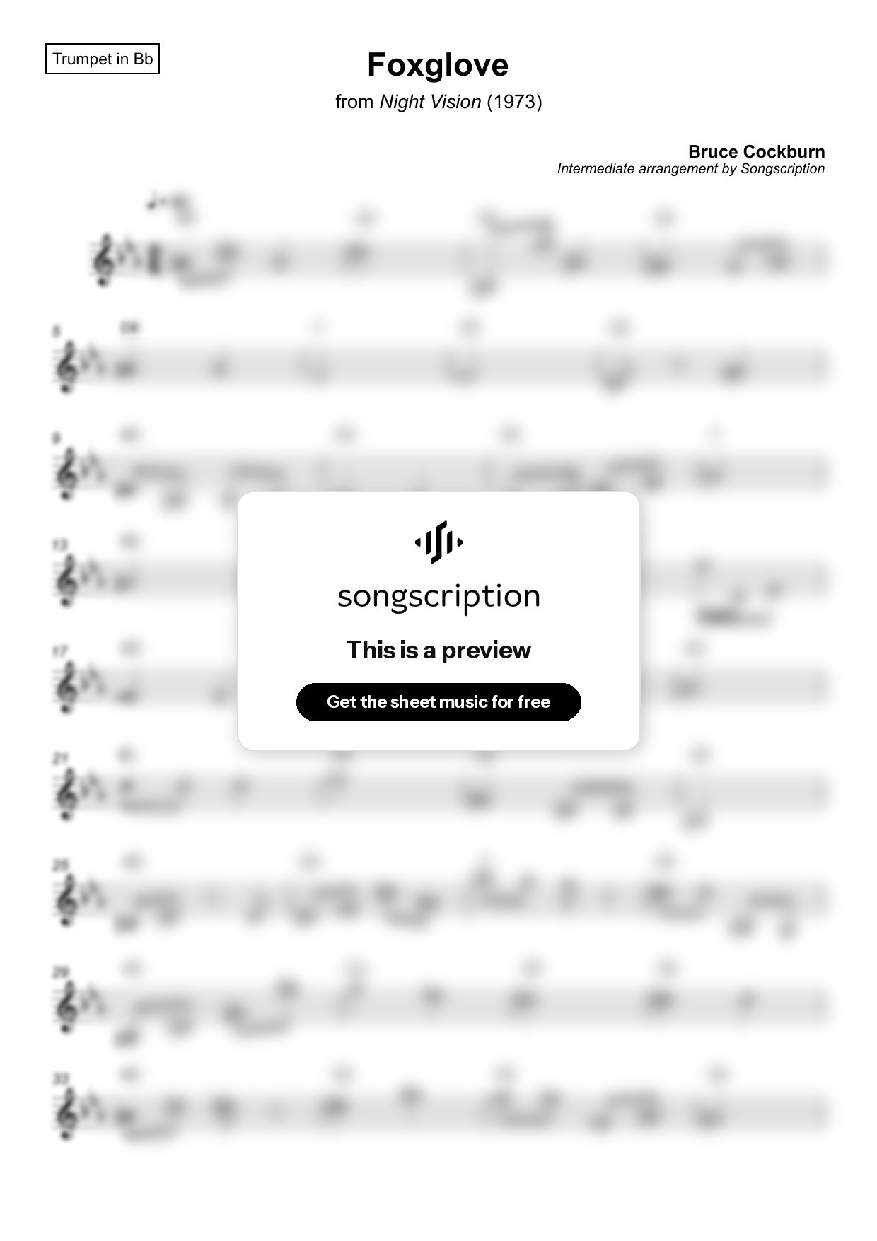 Intermediate Trumpet Sheet Music for "Foxglove" by Bruce Cockburn