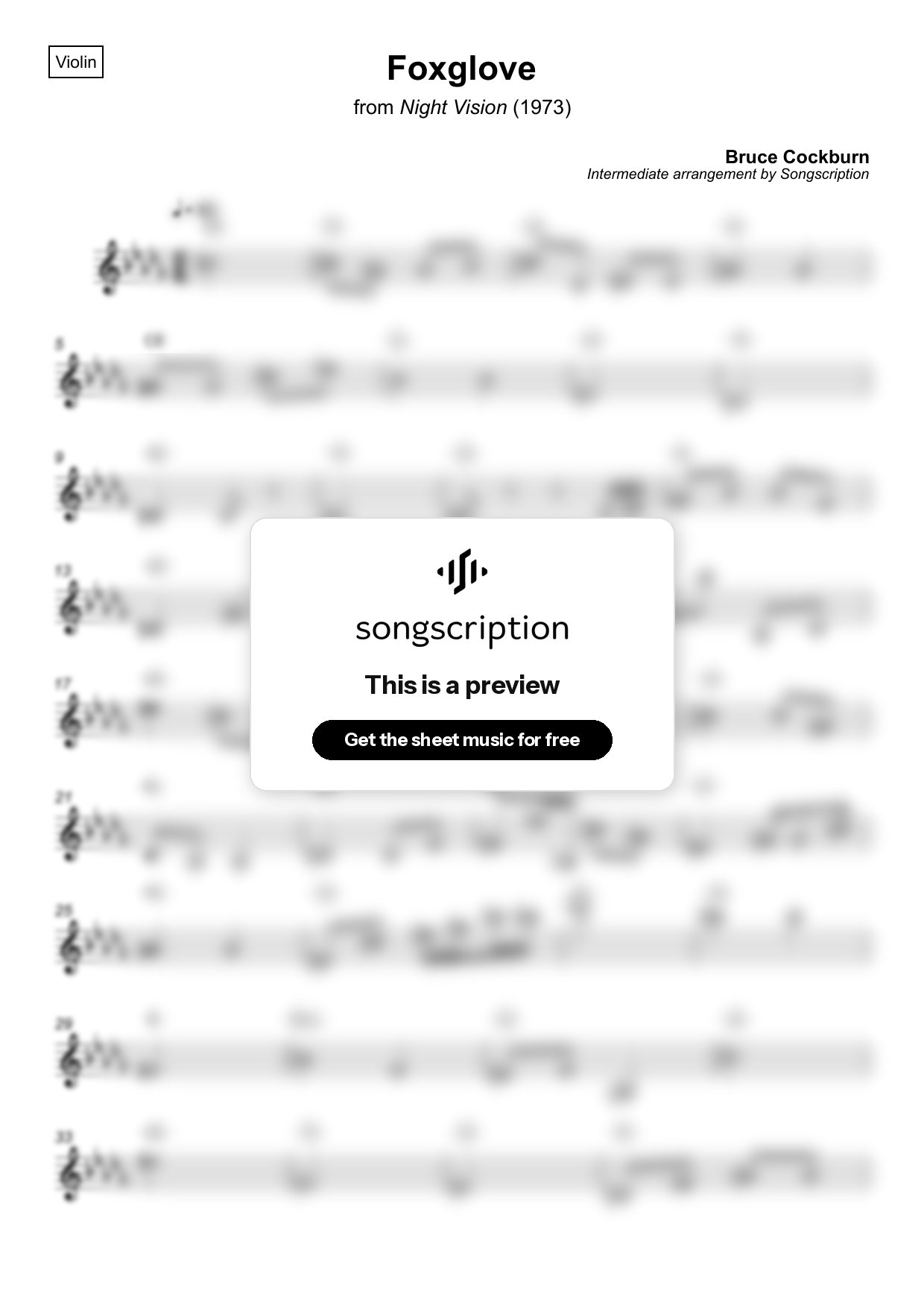 Intermediate Violin Sheet Music for "Foxglove" by Bruce Cockburn