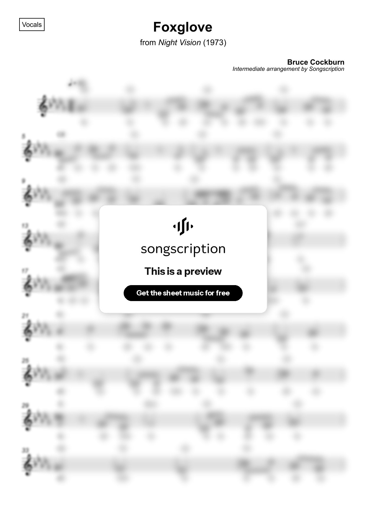 Intermediate Vocals Sheet Music for "Foxglove" by Bruce Cockburn