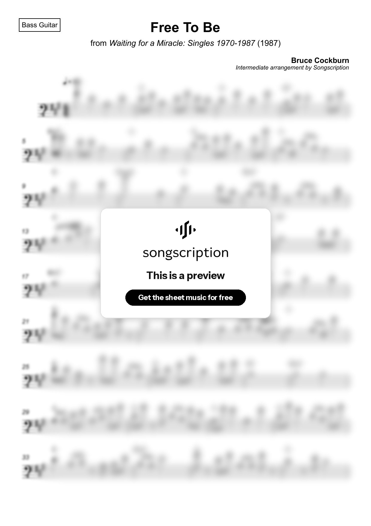 Intermediate Bass Guitar Sheet Music for "Free To Be" by Bruce Cockburn