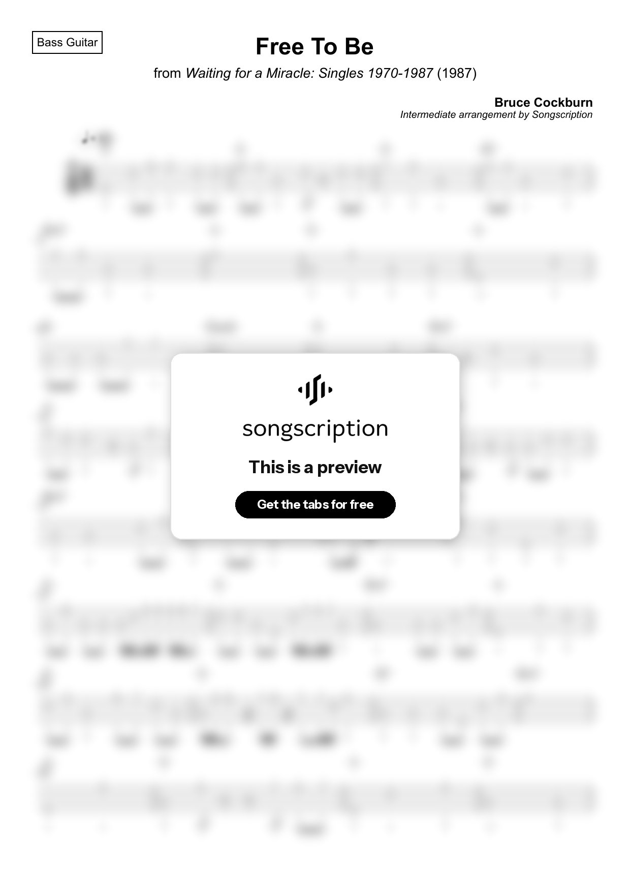 Intermediate Bass Guitar Tabs for "Free To Be" by Bruce Cockburn