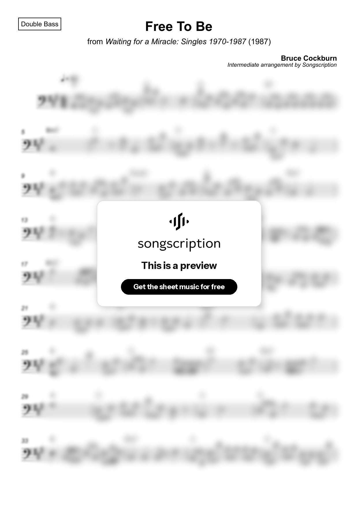 Intermediate Double Bass Sheet Music for "Free To Be" by Bruce Cockburn