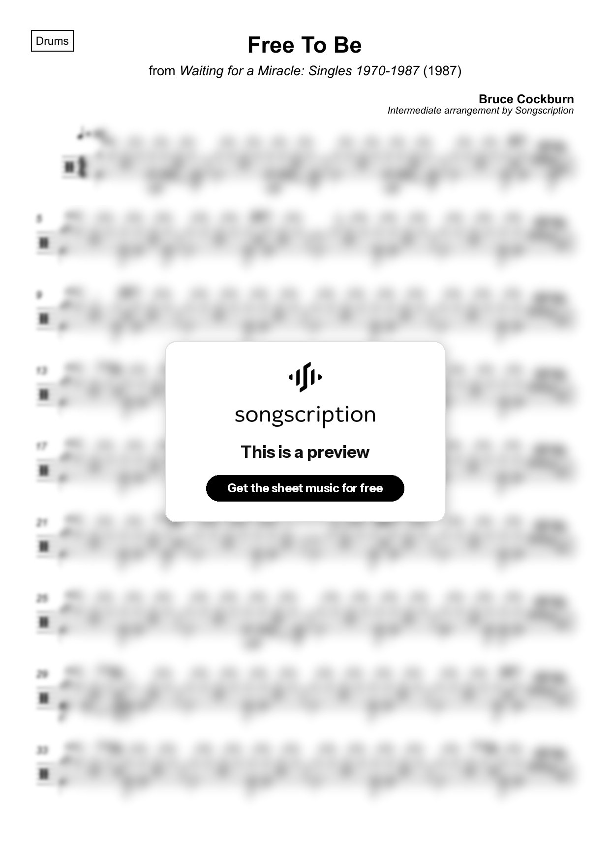 Intermediate Drums Sheet Music for "Free To Be" by Bruce Cockburn
