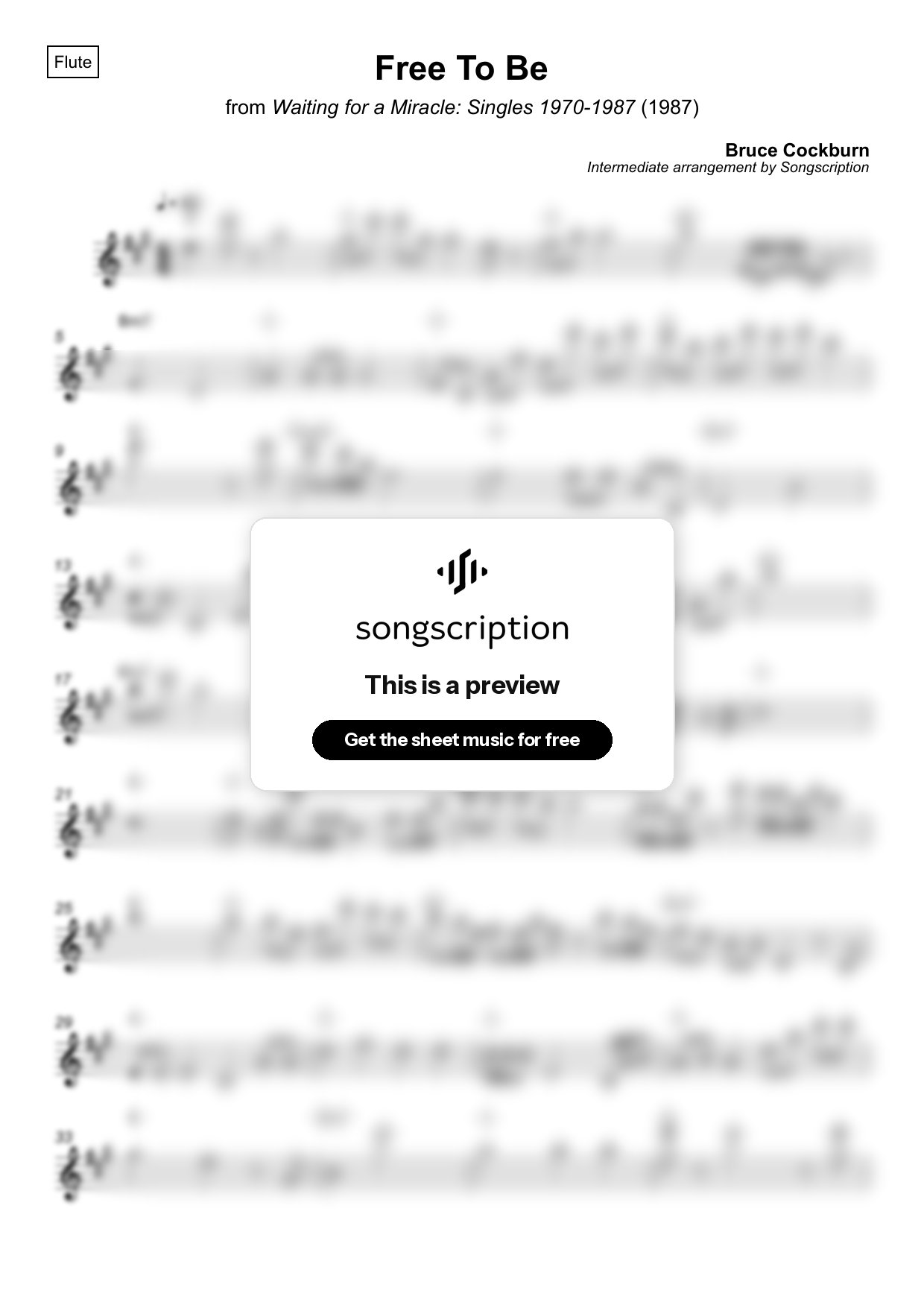 Intermediate Flute Sheet Music for "Free To Be" by Bruce Cockburn