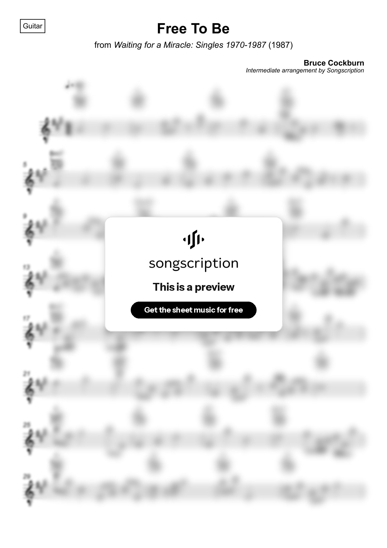 Intermediate Acoustic Guitar Sheet Music for "Free To Be" by Bruce Cockburn