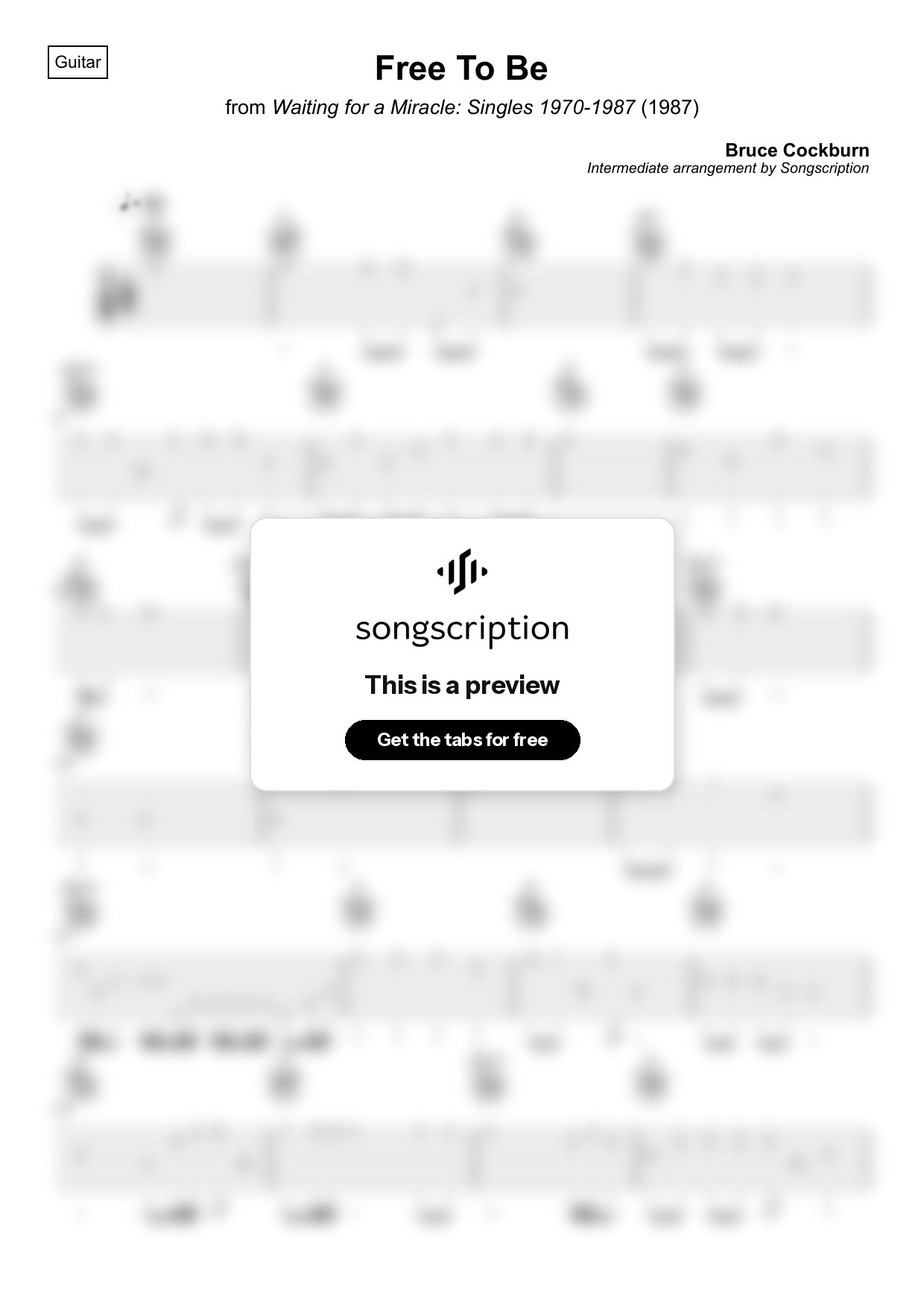 Intermediate Acoustic Guitar Tabs for "Free To Be" by Bruce Cockburn