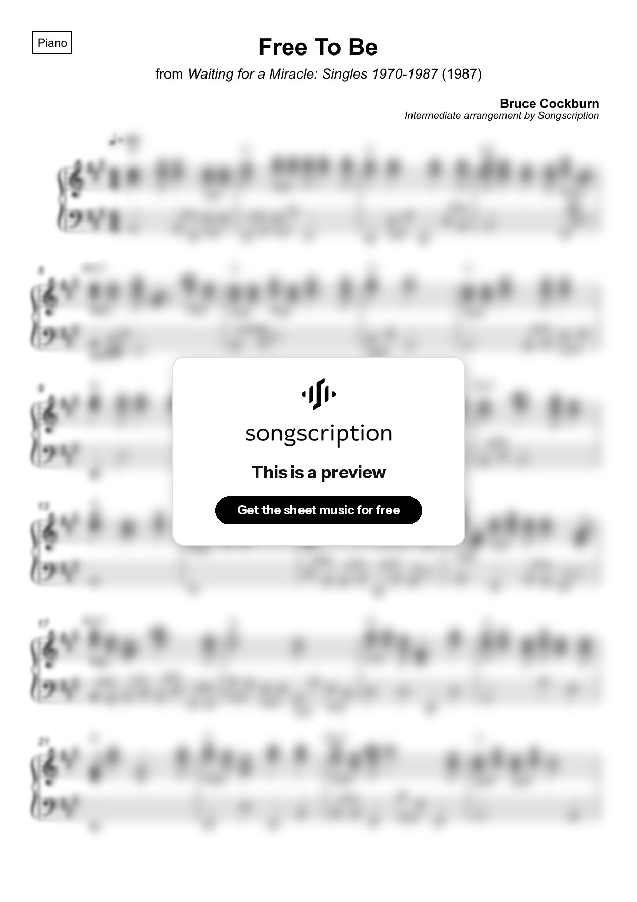 Intermediate Piano Sheet Music for "Free To Be" by Bruce Cockburn