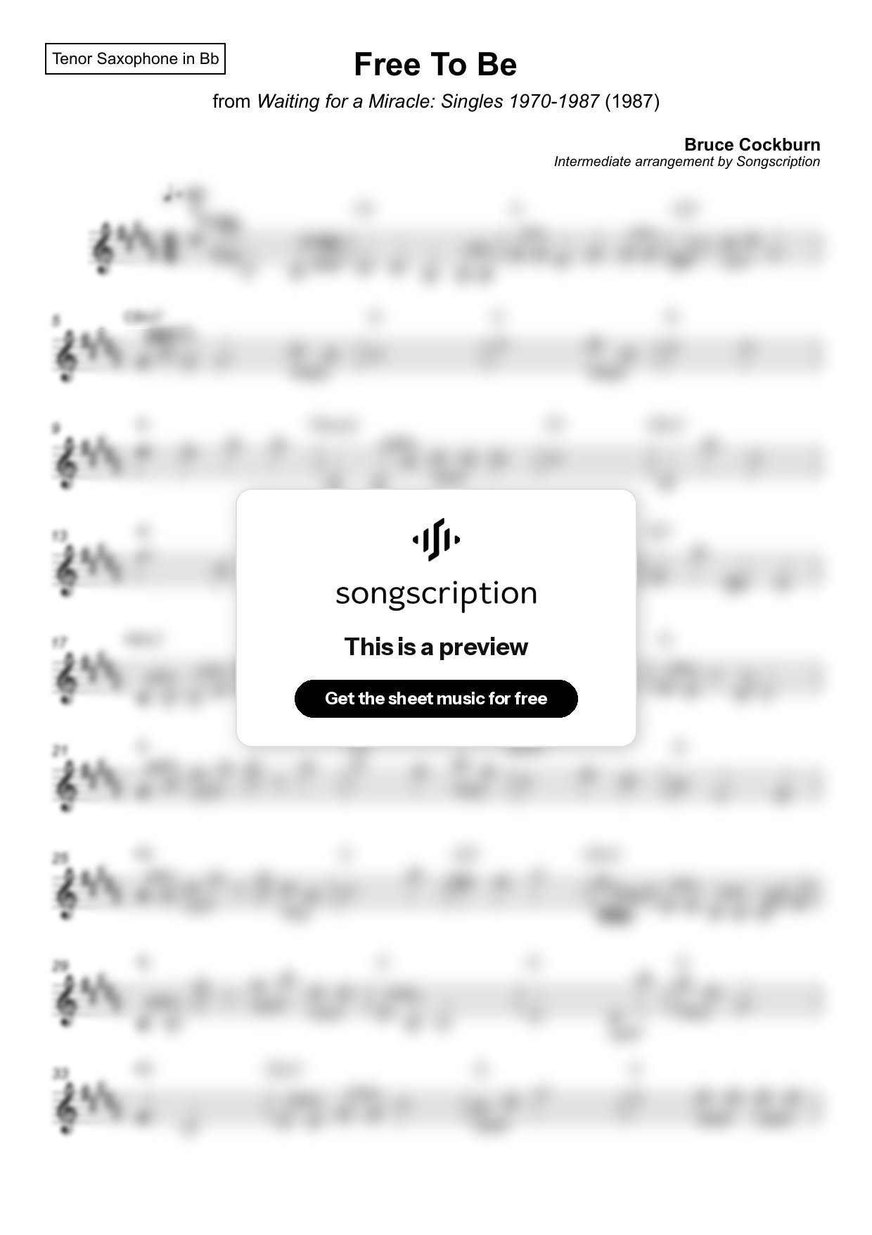 Intermediate Tenor Sax Sheet Music for "Free To Be" by Bruce Cockburn