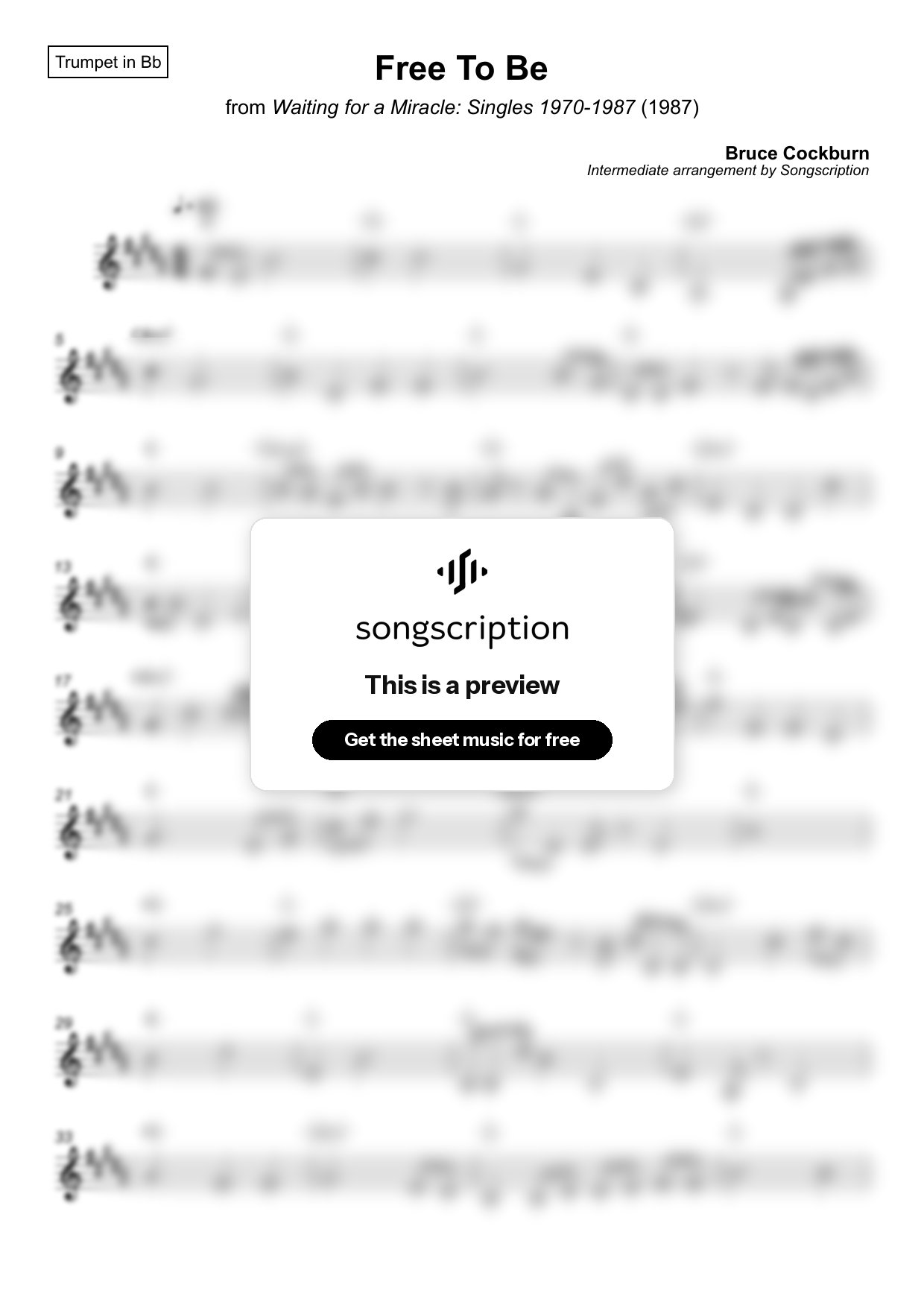 Intermediate Trumpet Sheet Music for "Free To Be" by Bruce Cockburn