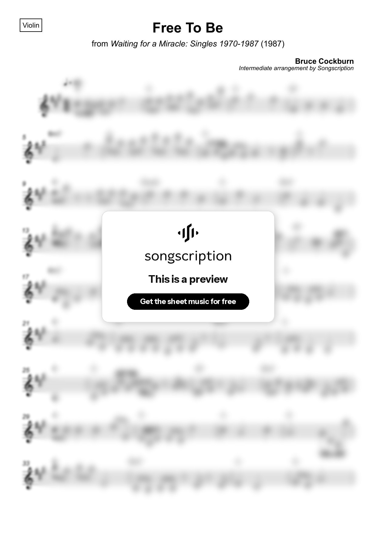 Intermediate Violin Sheet Music for "Free To Be" by Bruce Cockburn