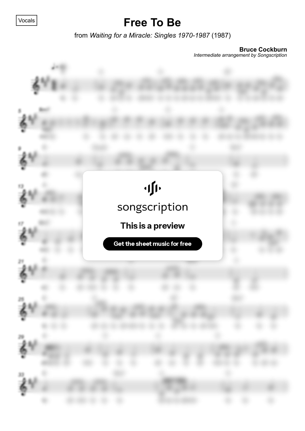 Intermediate Vocals Sheet Music for "Free To Be" by Bruce Cockburn