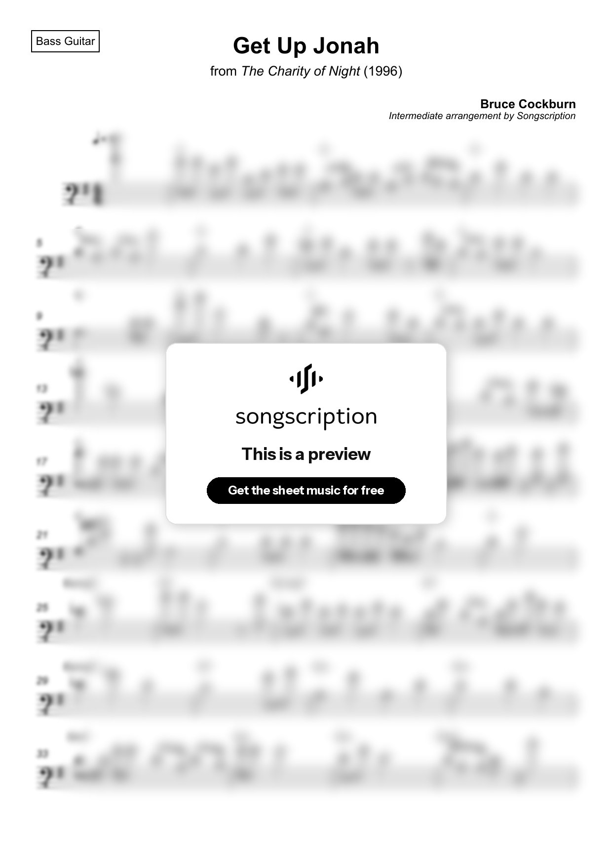Intermediate Bass Guitar Sheet Music for "Get Up Jonah" by Bruce Cockburn