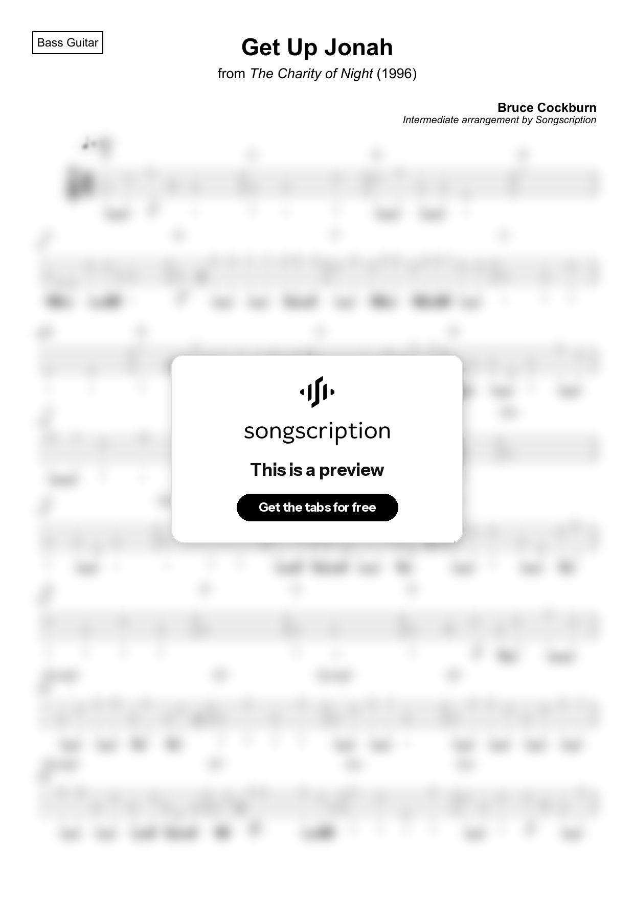 Intermediate Bass Guitar Tabs for "Get Up Jonah" by Bruce Cockburn