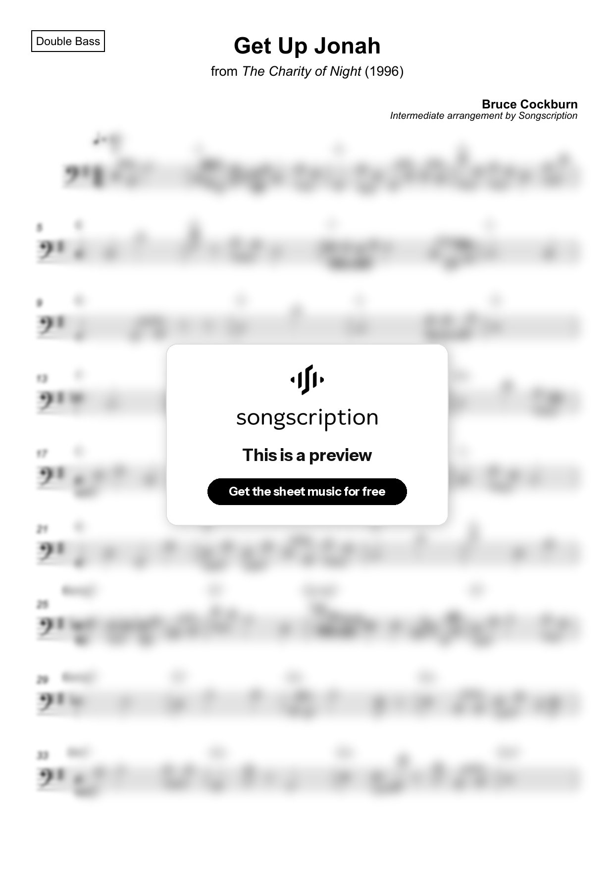 Intermediate Double Bass Sheet Music for "Get Up Jonah" by Bruce Cockburn
