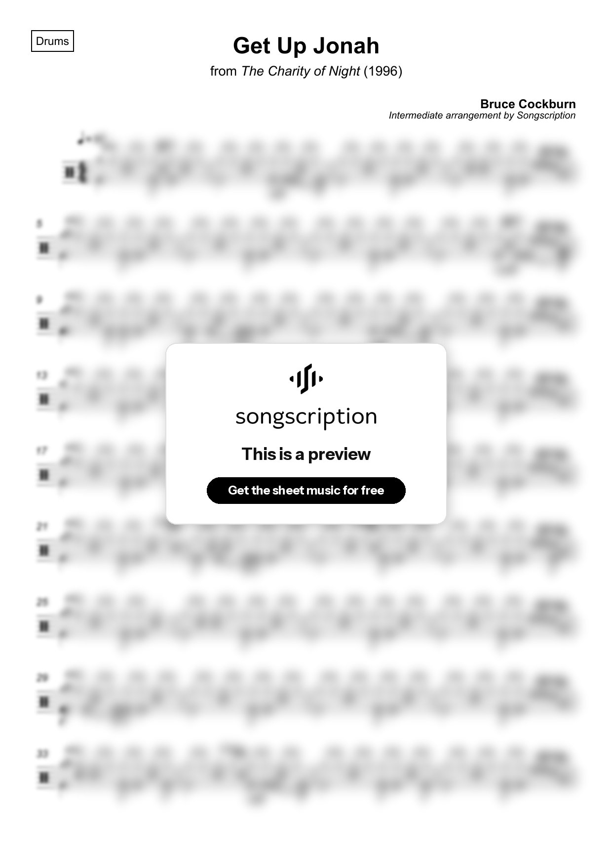 Intermediate Drums Sheet Music for "Get Up Jonah" by Bruce Cockburn