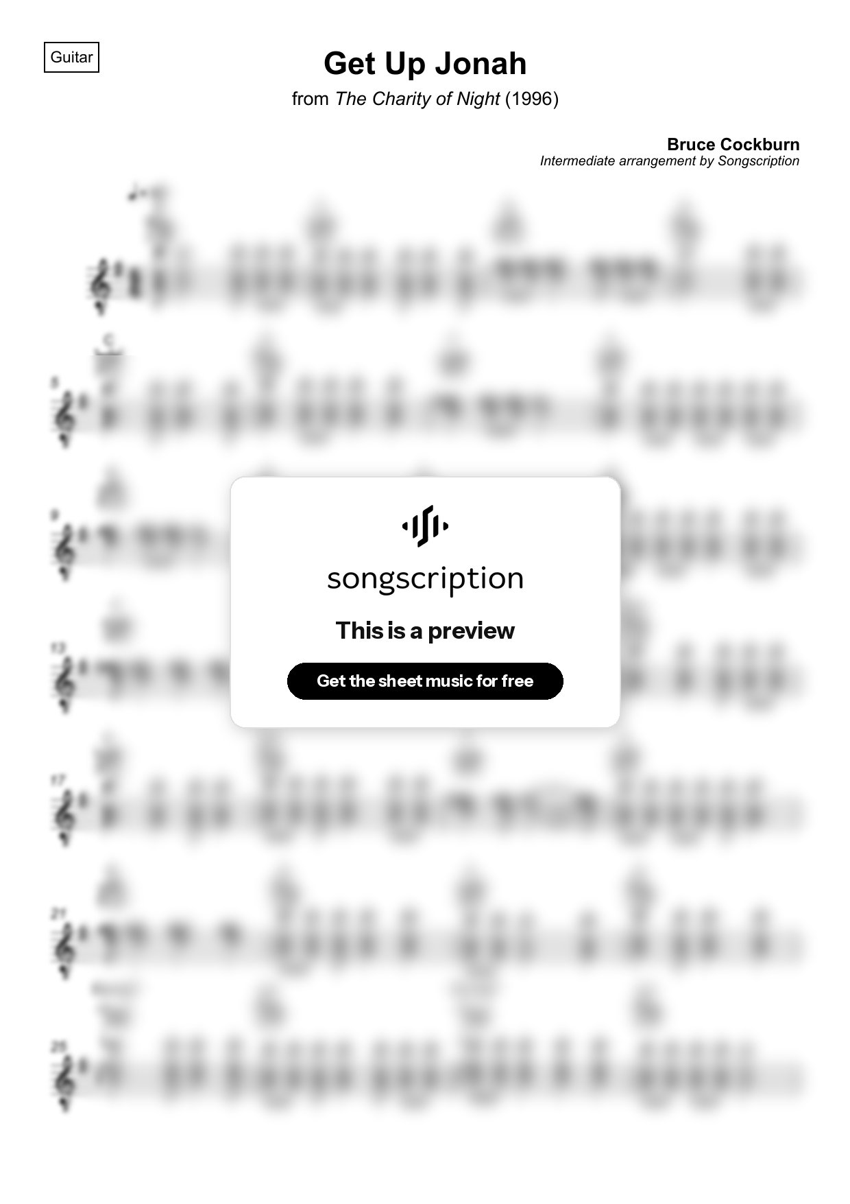 Intermediate Acoustic Guitar Sheet Music for "Get Up Jonah" by Bruce Cockburn