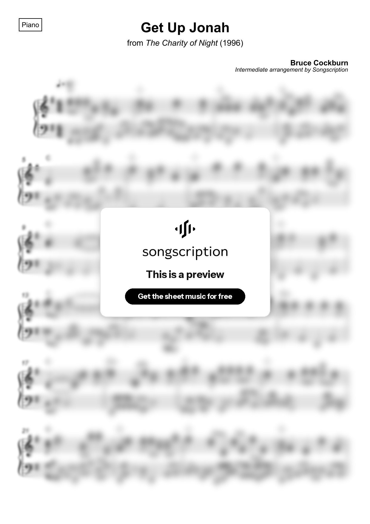 Intermediate Piano Sheet Music for "Get Up Jonah" by Bruce Cockburn