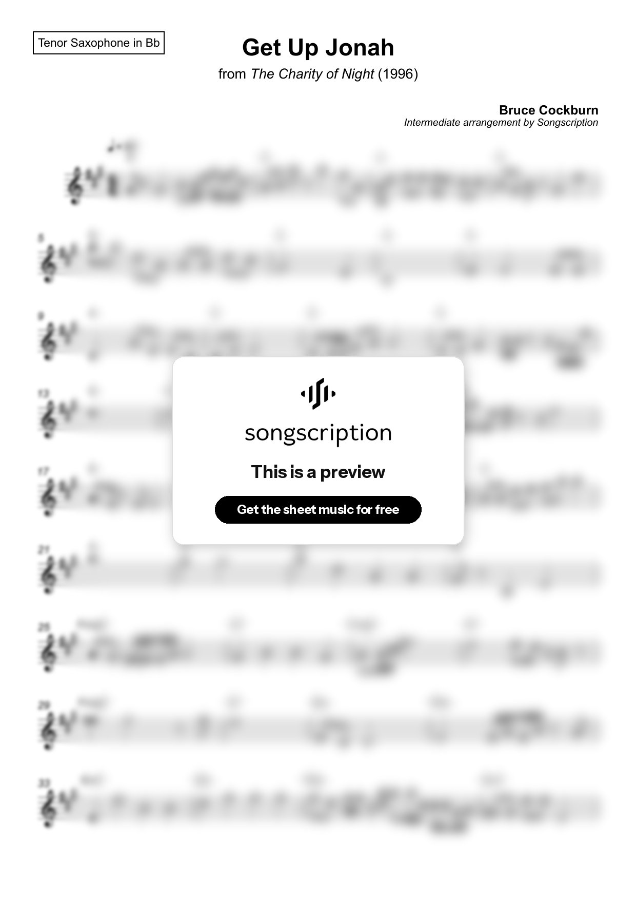 Intermediate Tenor Sax Sheet Music for "Get Up Jonah" by Bruce Cockburn