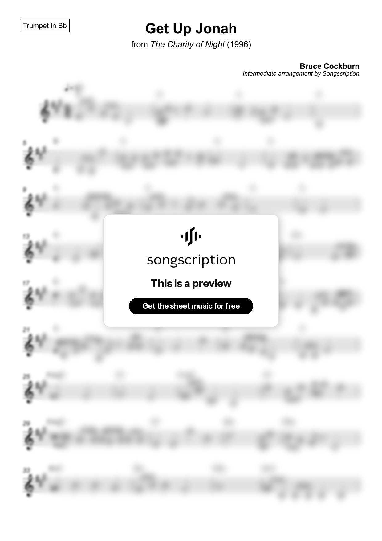 Intermediate Trumpet Sheet Music for "Get Up Jonah" by Bruce Cockburn