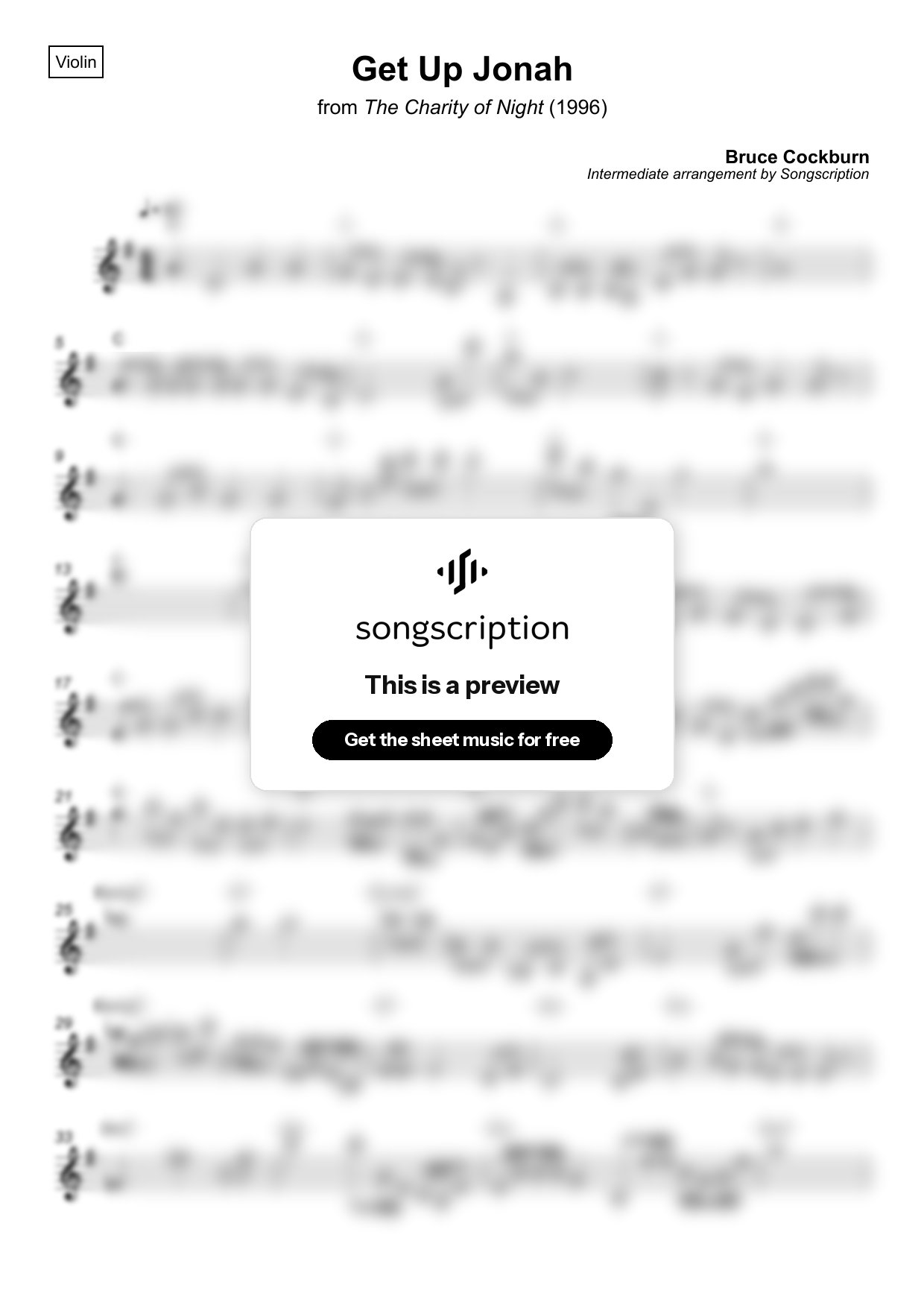 Intermediate Violin Sheet Music for "Get Up Jonah" by Bruce Cockburn