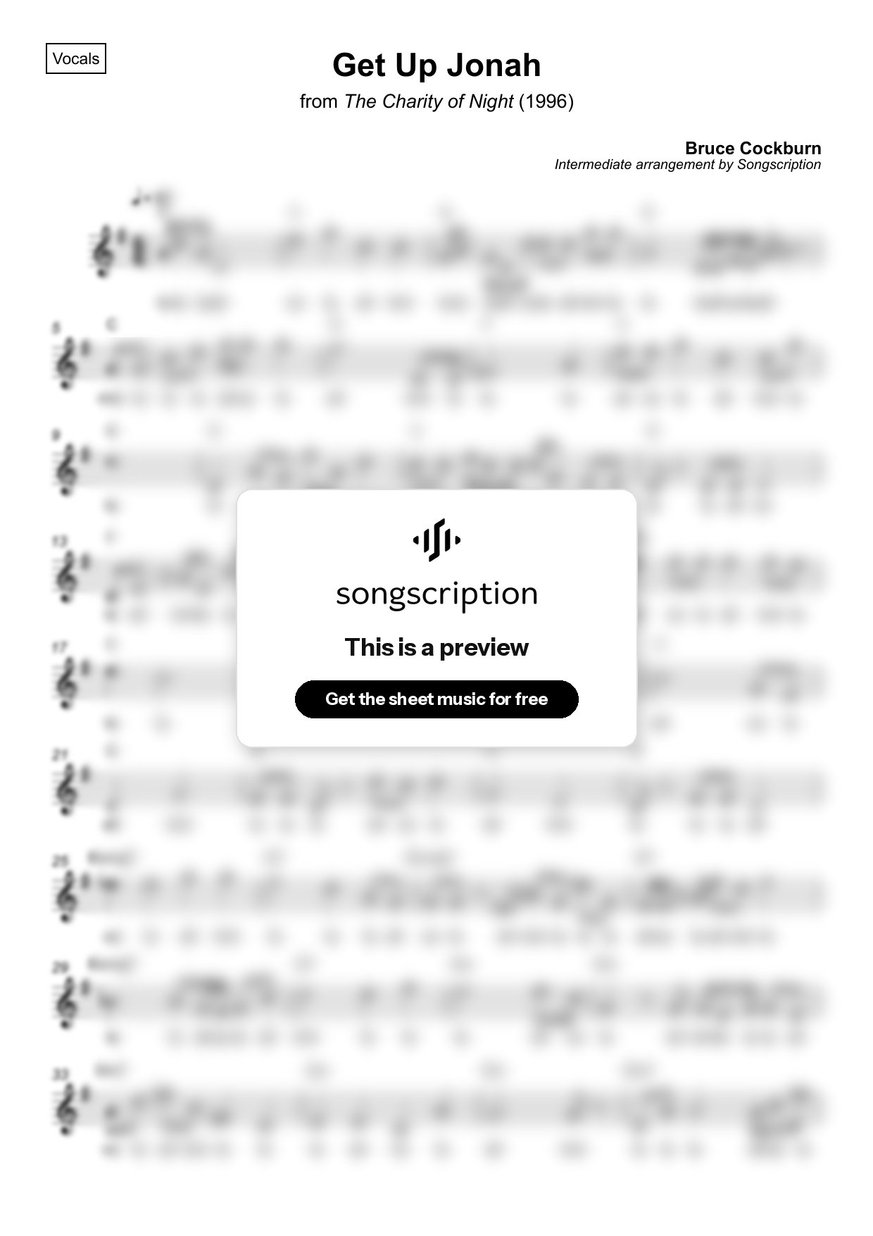 Intermediate Vocals Sheet Music for "Get Up Jonah" by Bruce Cockburn